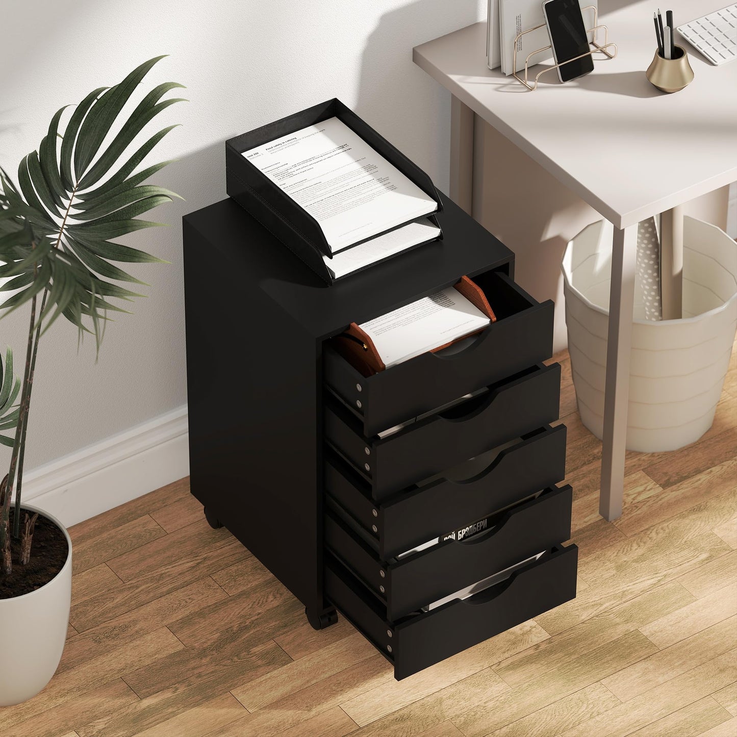 HOMCOM 5 Drawer Mobile File Cabinet, Rolling Printer Stand, Modern Vertical Filing Cabinet for Home Office, Black