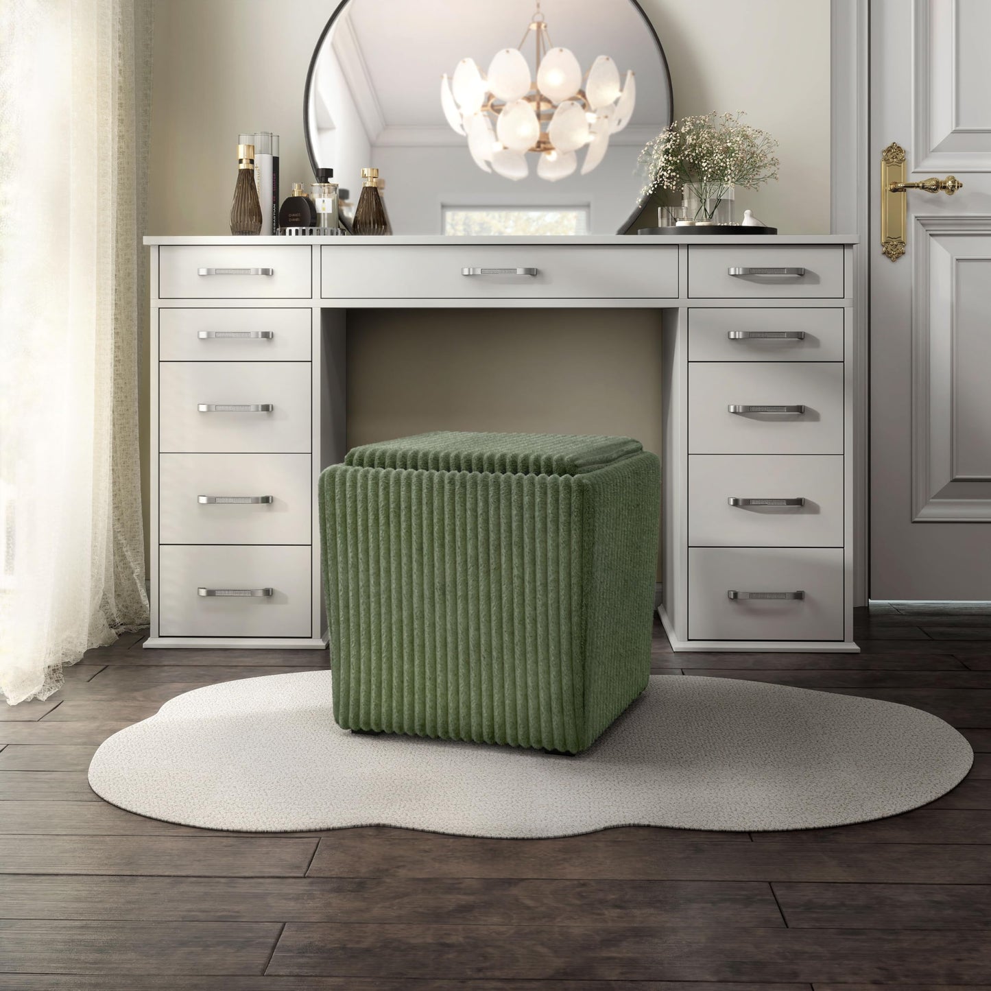 Furniture of America Lennox Modern Chenille 17-inch Square Storage Ottoman with Reversible Tray Top, Upholstered Footstool for Living Room, Bedroom, Entryway, Green