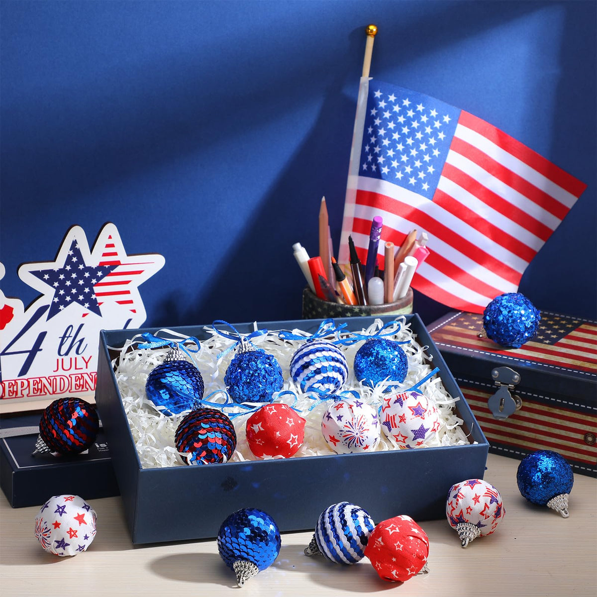 Riceshoot 16 Pcs 4th of July Patriotic Hanging Ball 1.97" Independence Day Sequin Hanging Ball Ornament Red White Blue Tree Decorations for 250th Anniversary Patriotic USA Themed Party Supplies