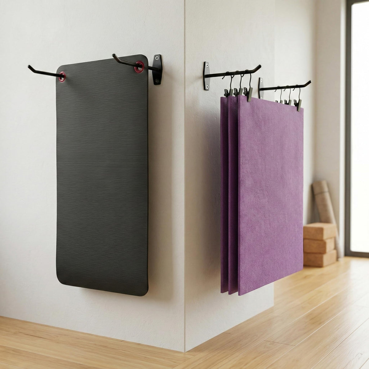 Yoga Mat Holder Wall Mount: 4 Pack Heavy Duty Metal Hooks & 12 PCS Clips for Yoga Mat (<5.5 lbs), Eyelet Mats, Foam Rollers & Gym Equipment Storage - Hanging Exercise Mat Rack & Organizer for Fitness Workout