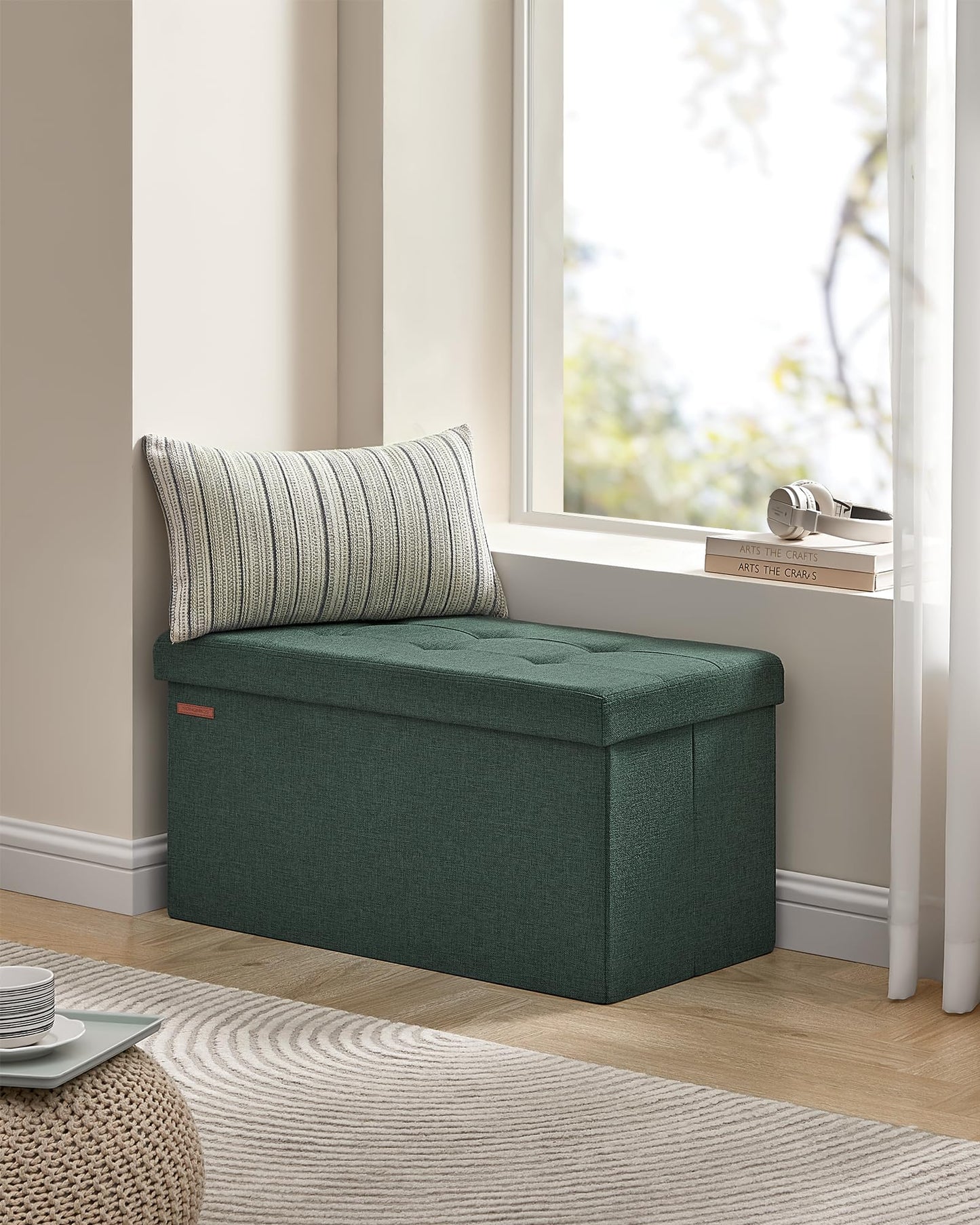 SONGMICS Mazie Collection - 30 Inches Folding Storage Ottoman Bench, Ottoman Foot Rest, End of Bed Bench, Storage Chest, Load 660 lb, for Living Room, Bedroom, Entryway, Retro Green ULSF047C01
