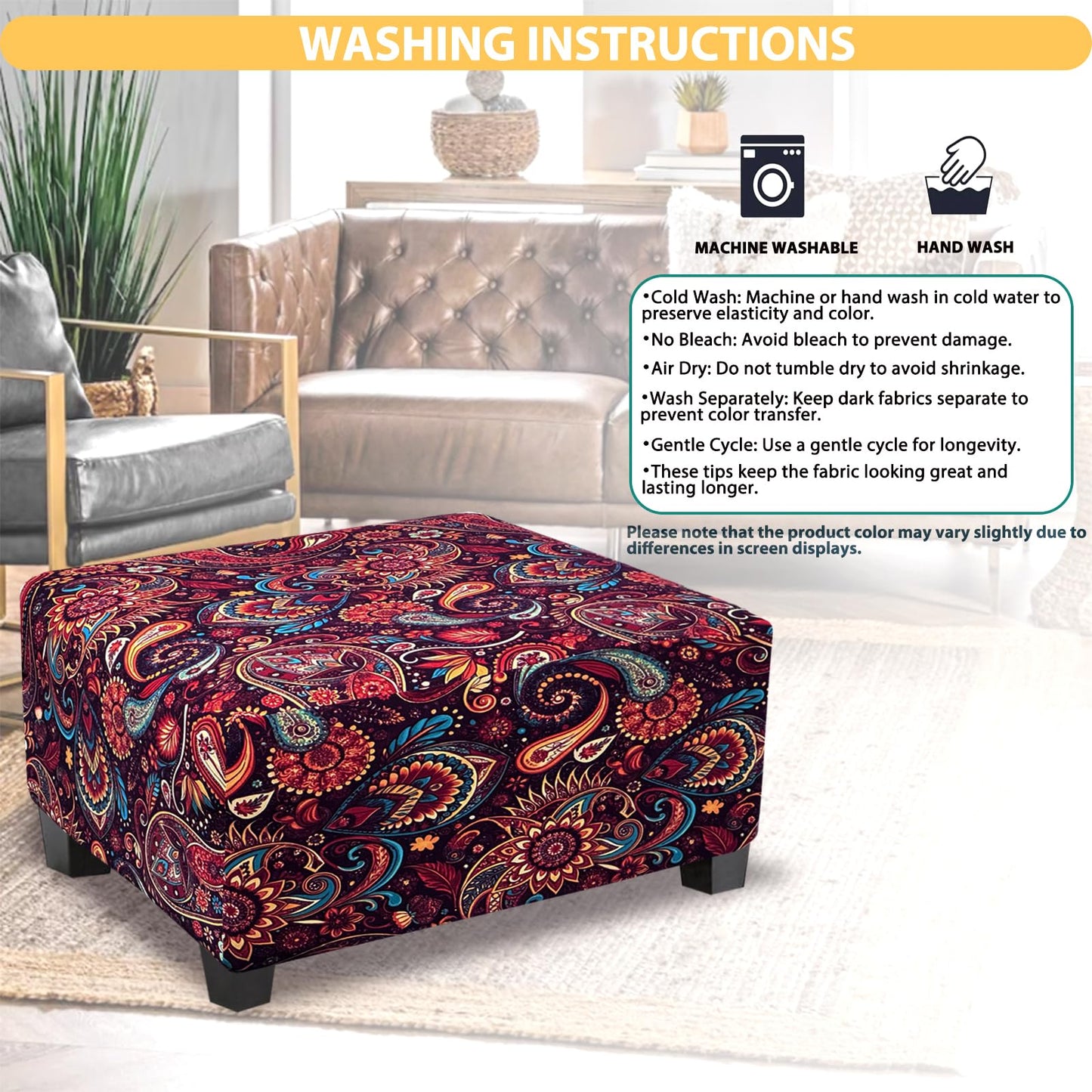 TOPHMDECOR Ottoman Cover Rectangle Printed,Stretch Footstool Slipcover with Elastic Bottom,Soft Fabric Protector for Rectangular Ottoman in Living Room or Bedroom,Medium,Flower E
