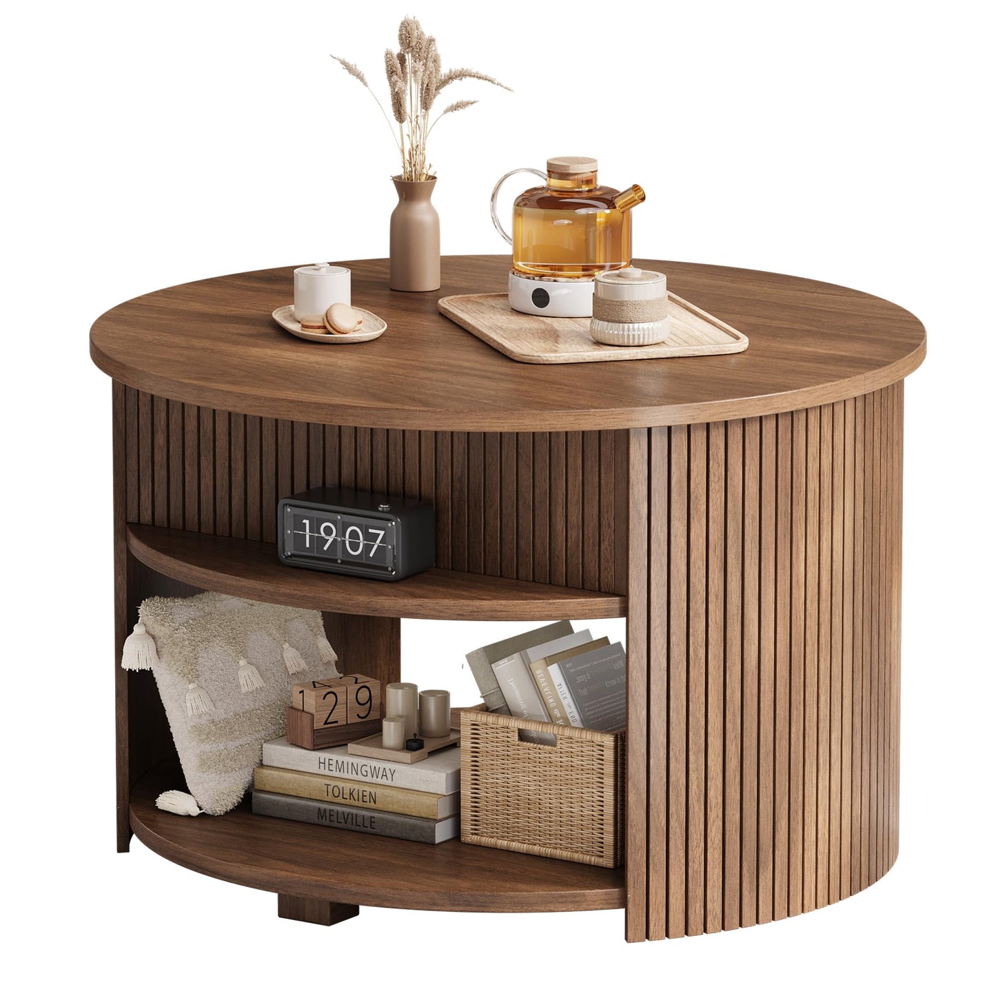 Decofy Round Lift Top Coffee Table with Storage, Fluted Mid-Century Modern Coffee Tables for Living Room, with Hidden Compartment & Open Shelves, for Small Spaces & Home Office(31.5" Walnut)