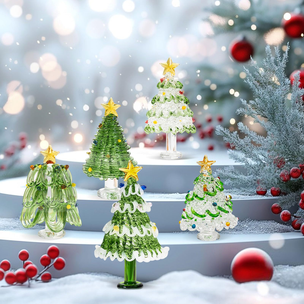SYWAN Mini Crystal Christmas Tree Figurine Collection, Hand Blown Glass Tree Dollhouse Fairy Garden Miniature Small Winter Figurine for Xmas Party Tabletop Mantel Home Decorative Hanging Ornament