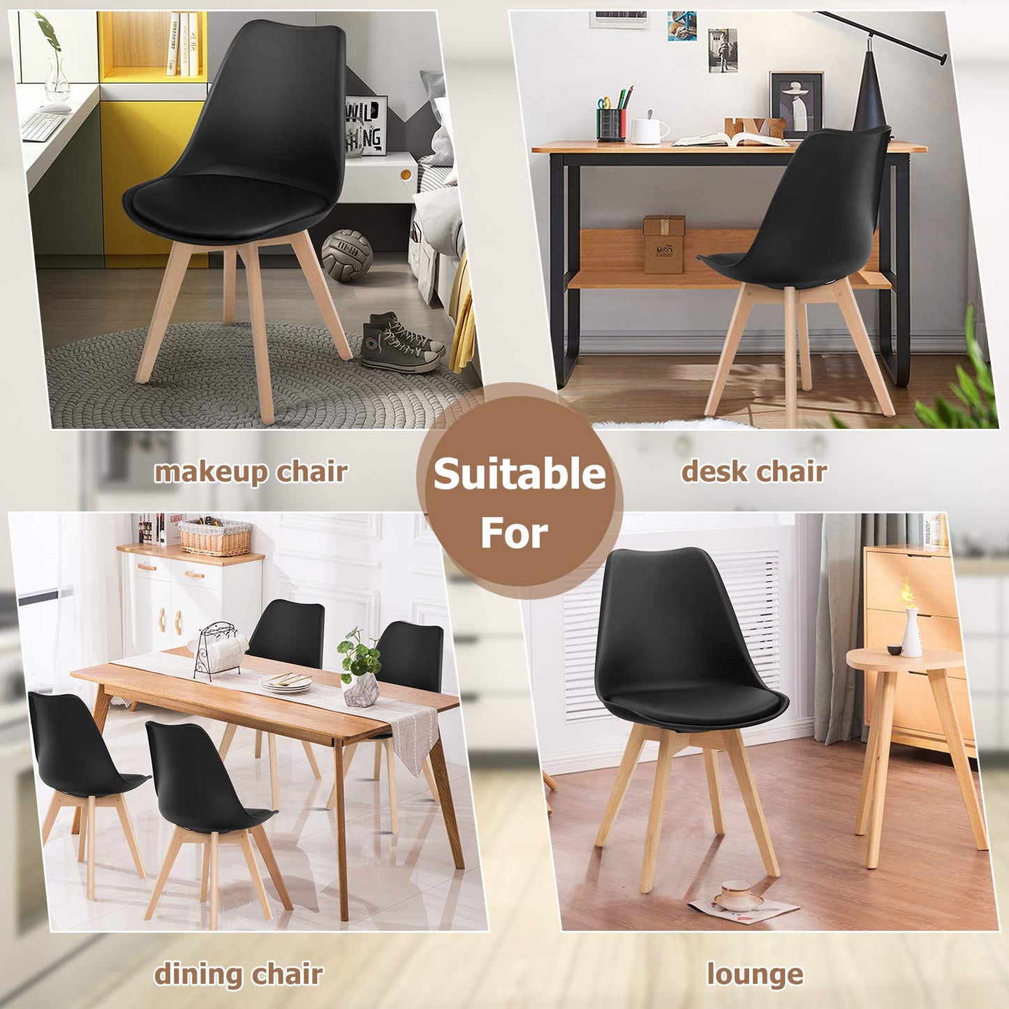 Hysache 4PCS Modern Dining Chairs, High Backrest Armless Chair with Padded Seat & Solid Wood Legs, Mid Century Upholstered Side Chairs for Dining Room, Living Room, Kitchen (Black) (HW67271)