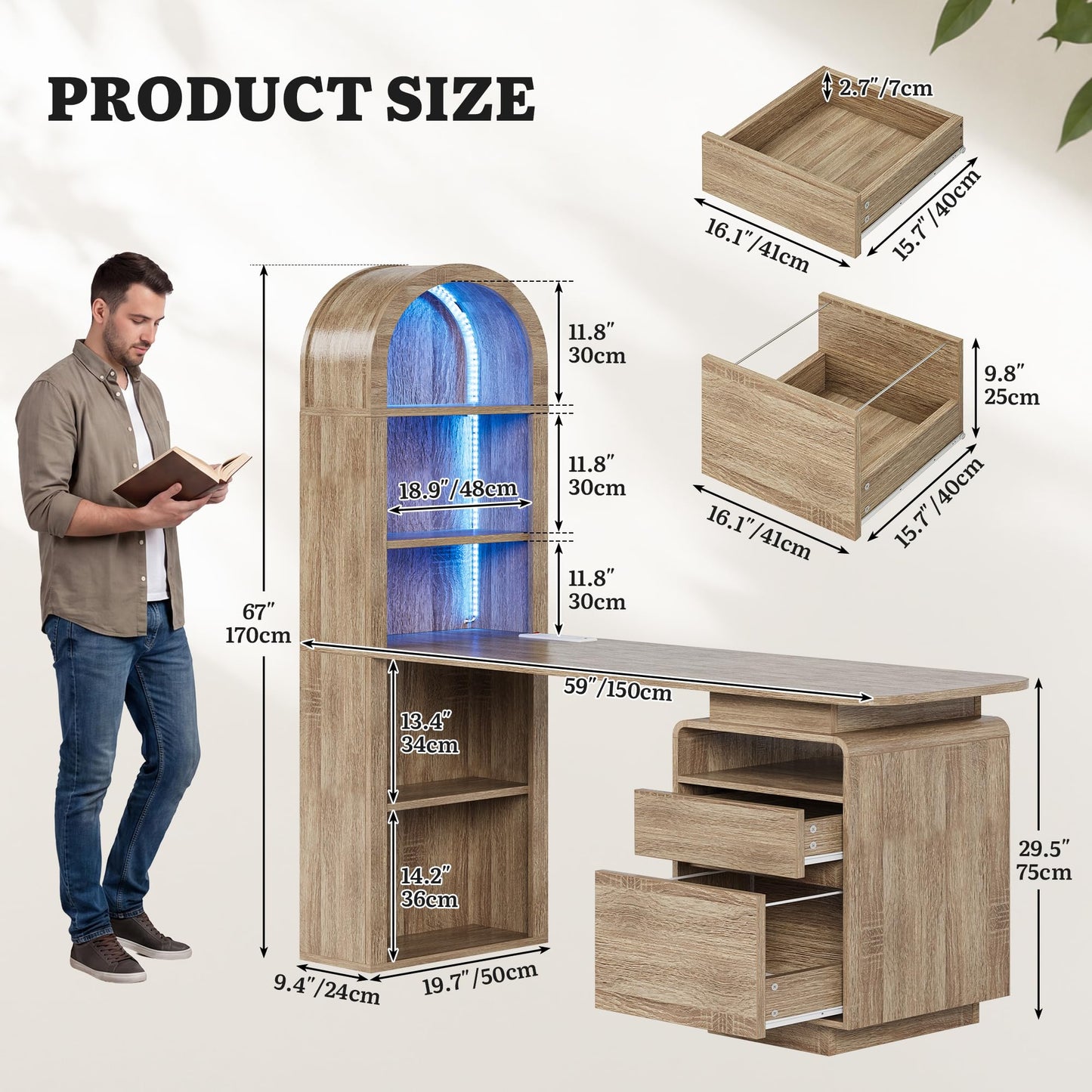 YITAHOME 59" Computer Desk with LED Lights & Power Outlets, Home Office Desk with Bookshelf, File Drawer & Storage Shelves, Gaming Desk with USB Ports, Modern Study Writing Table, Oak