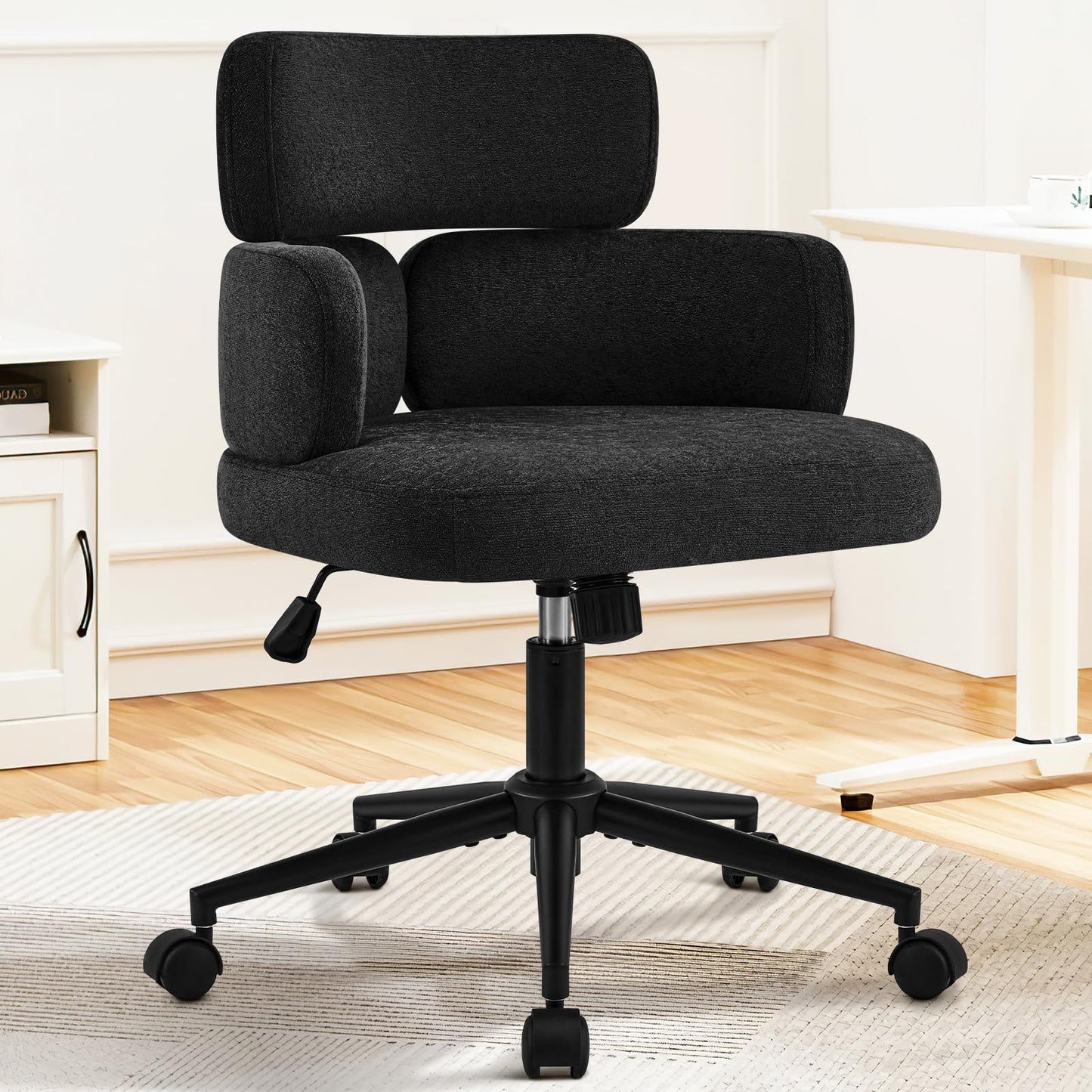 Furnistyle Modern Upholstered Office Chair with Wheels, Adjustable Height Swivel Desk Chair with Arms, Comfy Fabric Task Chair for Home Office, Bedroom, Study Room, Rolling Base,Black