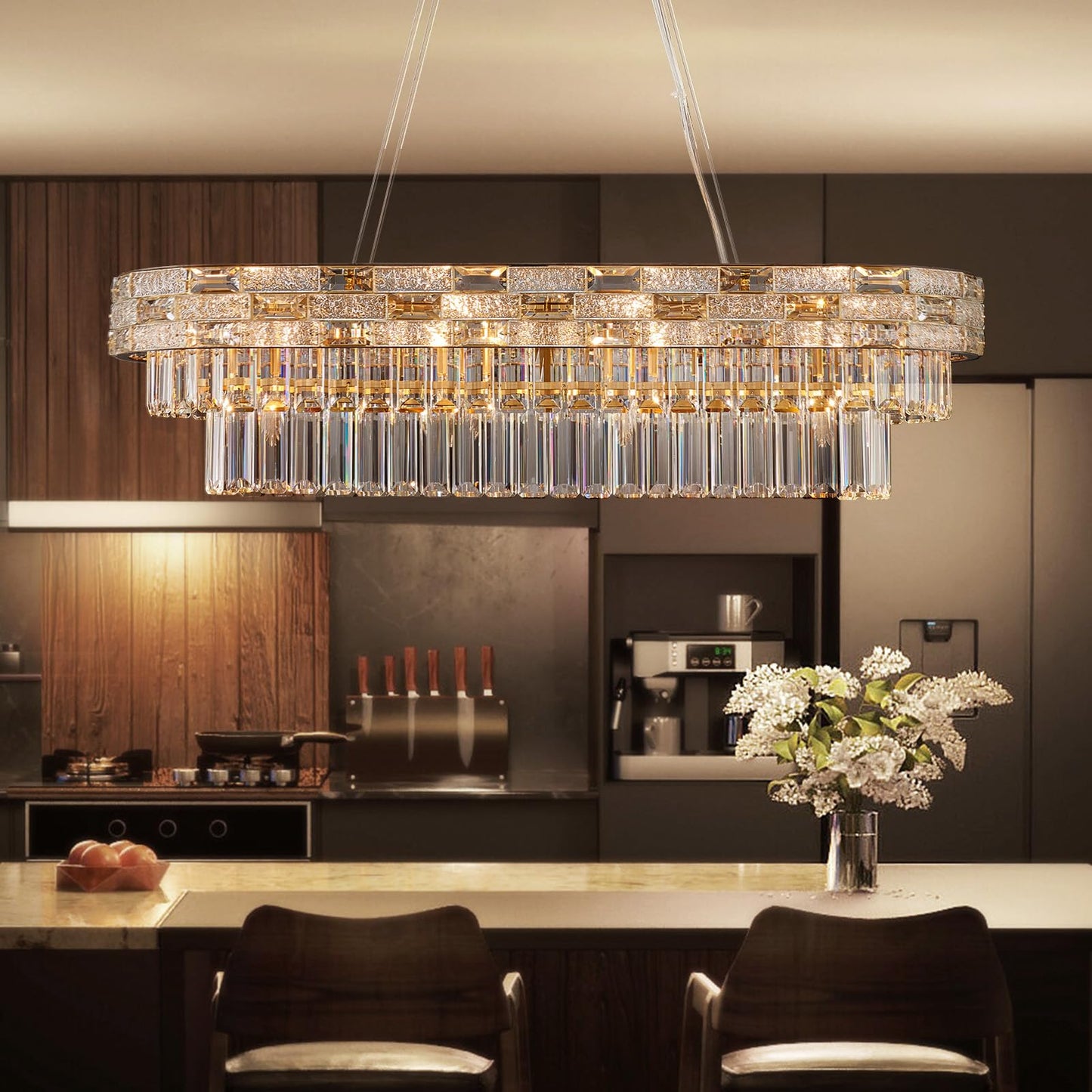 HUANXISHA 34.3" L Modern Crystal Chandeliers for Dining Room 12 Lights Gold Chandelier Large Luxury Chandelier Pendant Light Fixture, Kitchen Island,Entryway,Living Room 34.3" L x 8.7" H