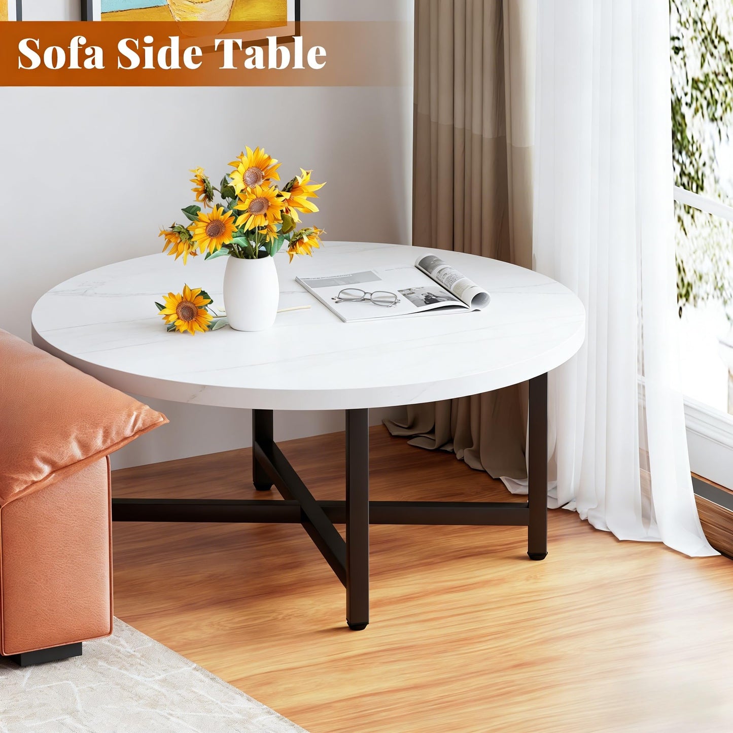FURMORENE Coffee Table, 31.5" Large Coffee Tables, White Round Coffee Tables for Living Room, Floor Table for Sitting on The Floor, Center Coffee Table with Metal Frame for Office Apartment Home