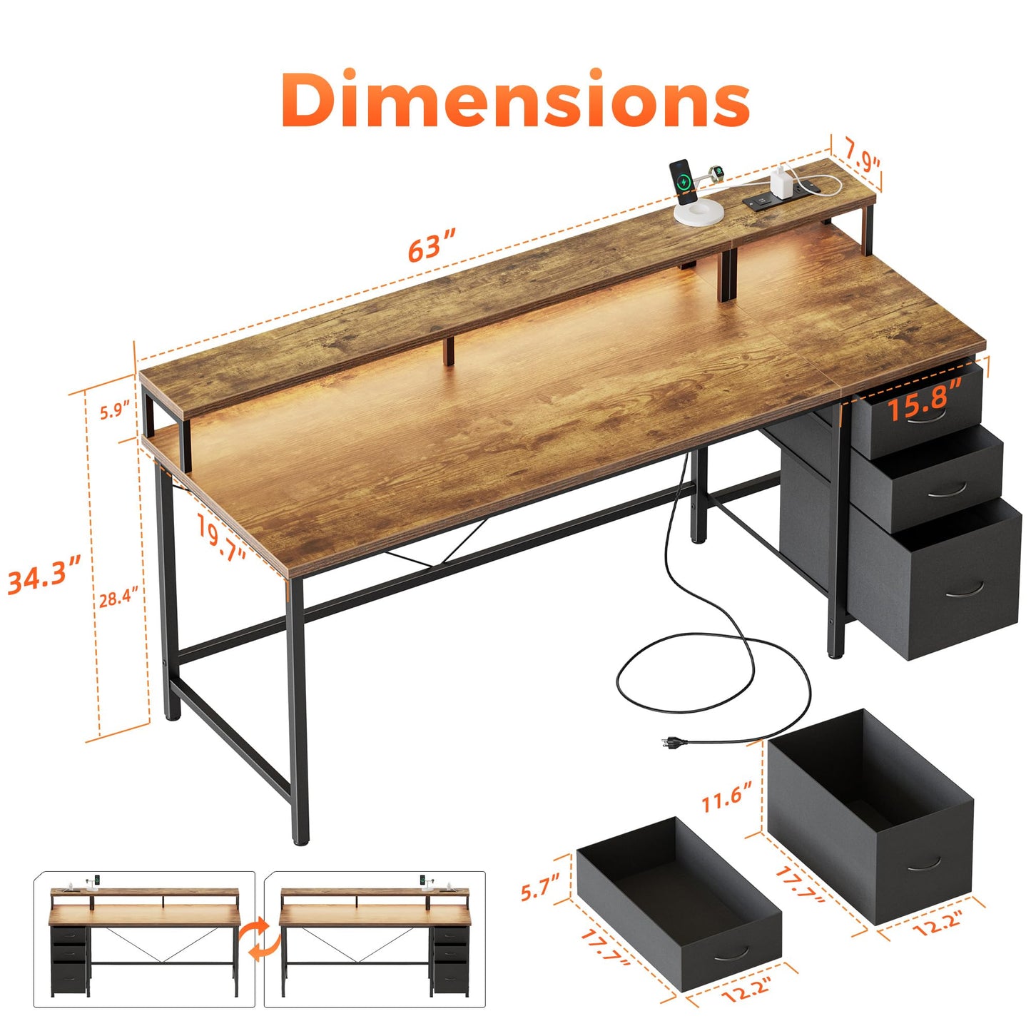 Mericonia 63 inch Computer Desk with Storage Drawers & Monitor Stand, Reversible Gaming Desk with LED Lights & Power Outlets, Large Gaming Table for Home Office