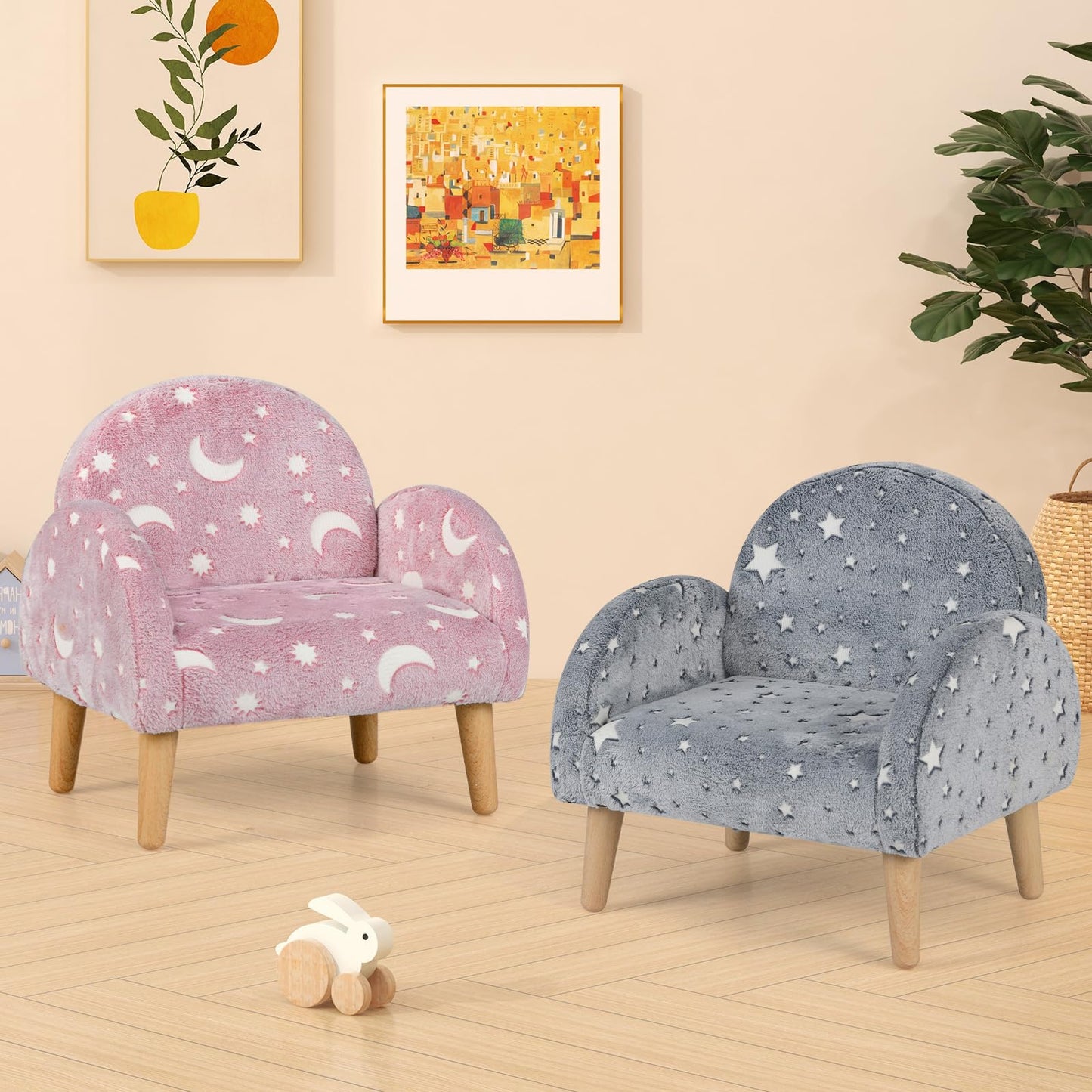 INFANS Kids Sofa with Glow in The Dark, Toddler Armchair Couch with Solid Wooden Frame Anti-Tipping, Upholstered Comfy Foam Children Chair for Kindergarten Playroom Preschool, Gift for Boys Girls