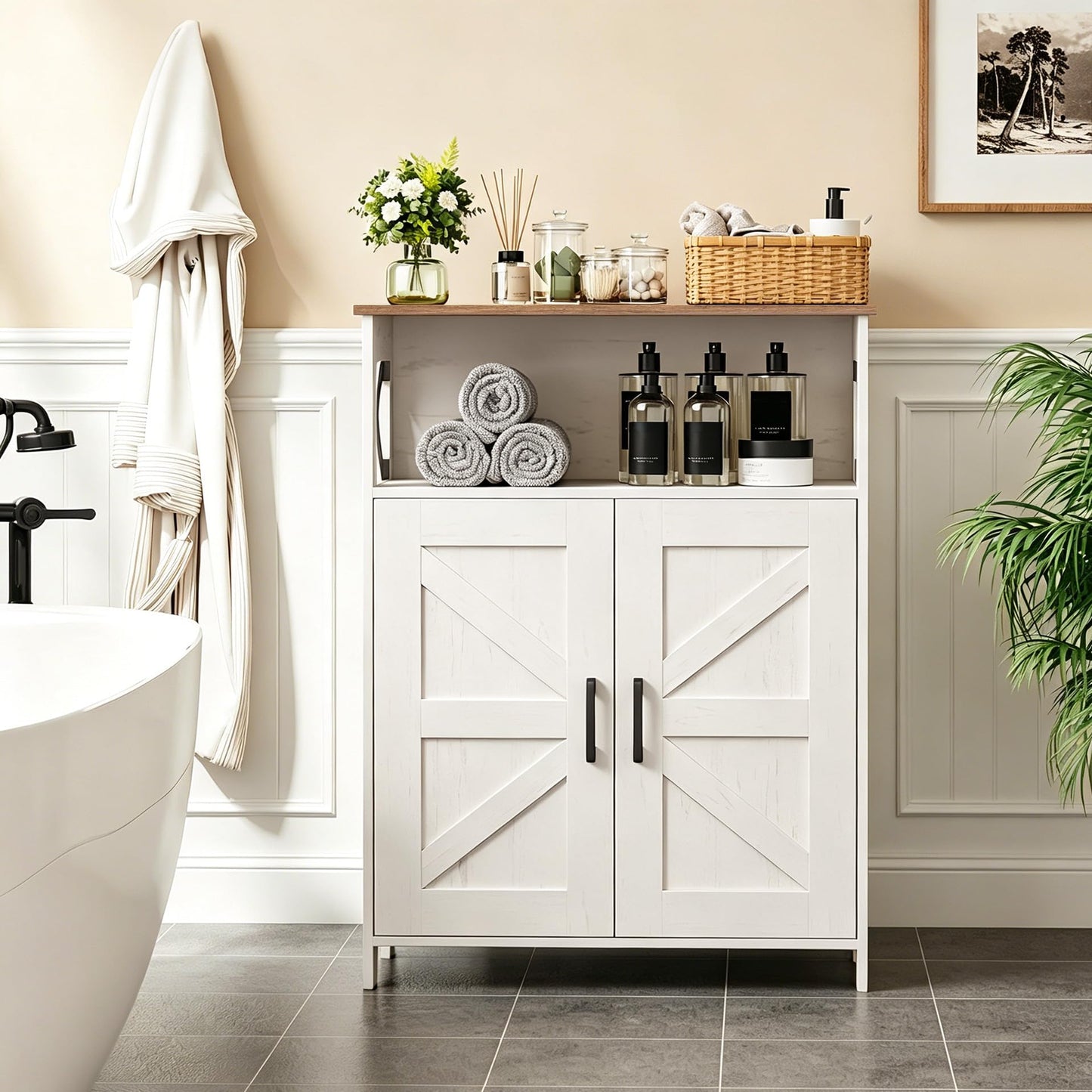 Homhedy Farmhouse Bathroom Storage Cabinet with 2 Doors, Toilet Paper Cabinet with Adjustable Shelf, Small Bathroom Cabinet for Laundry/Living Room, 11.8 x 23.6 x 31.5 Inches, Rustic White and Brown
