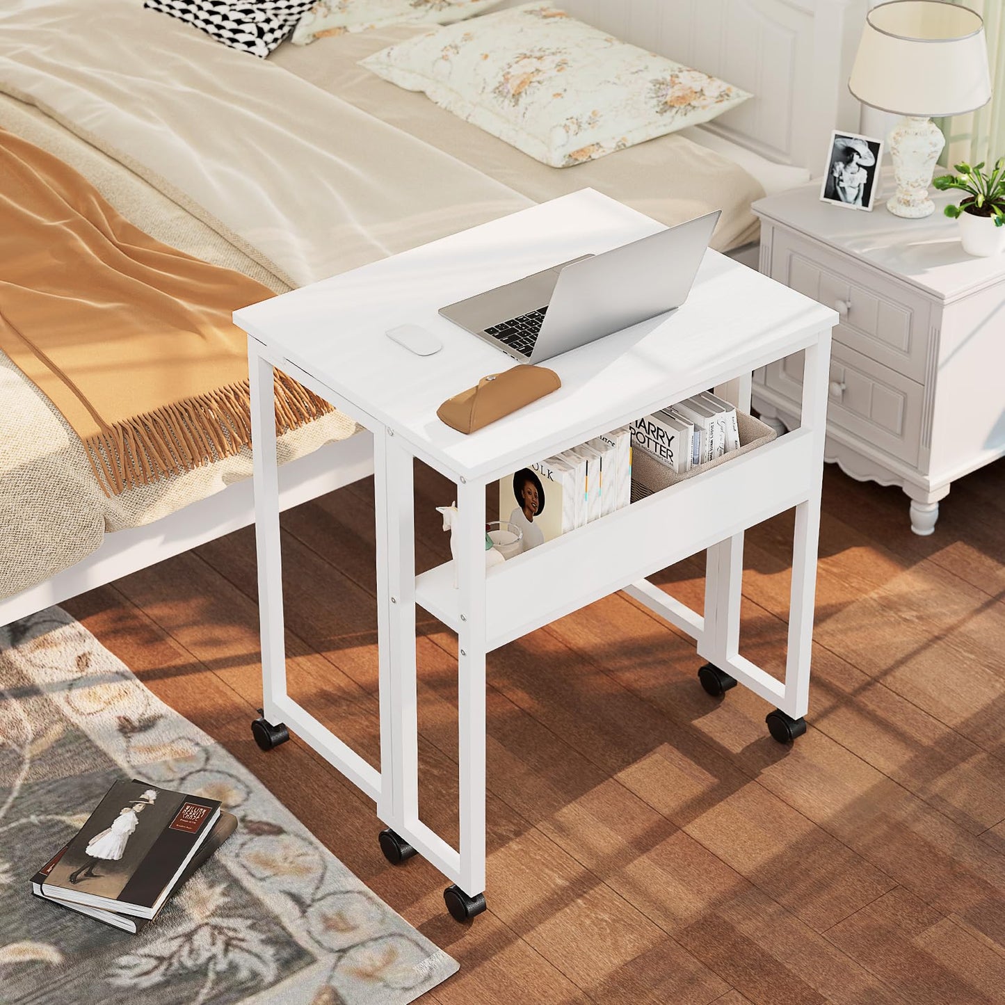 GreenForest Folding Desk with Wheels, 24.8 Inch Compact Rolling Computer Table with Storage Shelf, Portable Mobile Workstation for Small Spaces, Easy Assembly, Pure White