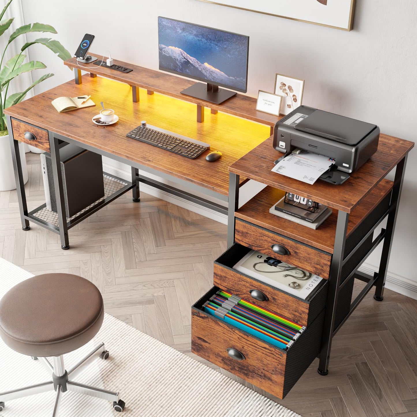 Furologee 60" Computer Desk with File Cabinet and Storage Shelves, Reversible Home Office Desk with LED Lights, Full Monitor Stand, Power Outlets, Study Gaming Table with 4 Drawers, Rustic Brown