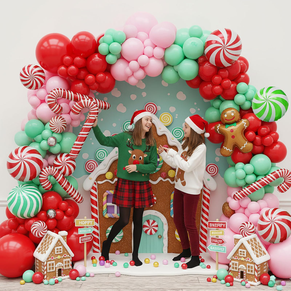 Christmas Balloon Garland Arch kit green pink red balloon with cookie Gingerbread Cane Candy Foil Balloons for friendsmas Xmas New Year Birthday Party Supplies Party Decorations globos de navidad