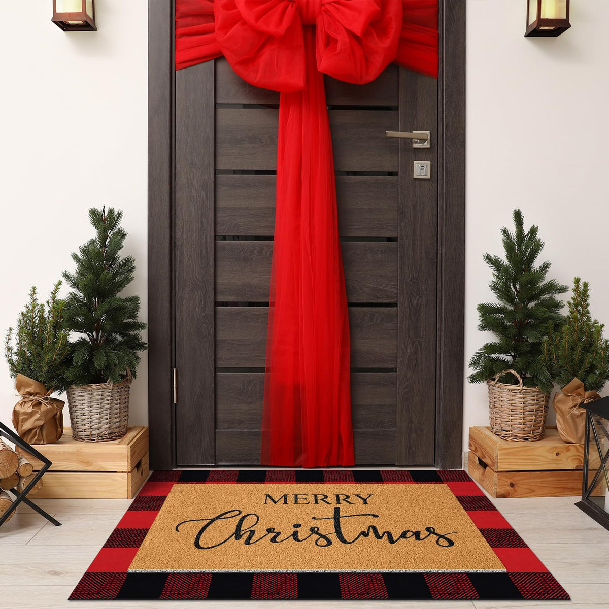 Duraaamo 2 Pcs Christmas Doormat Merry Christ Non Slip Outdoor Rug Xmas Welcome Layered Buffalo Floor Mats for Front Porch Entryway(Red Black,Plaid)
