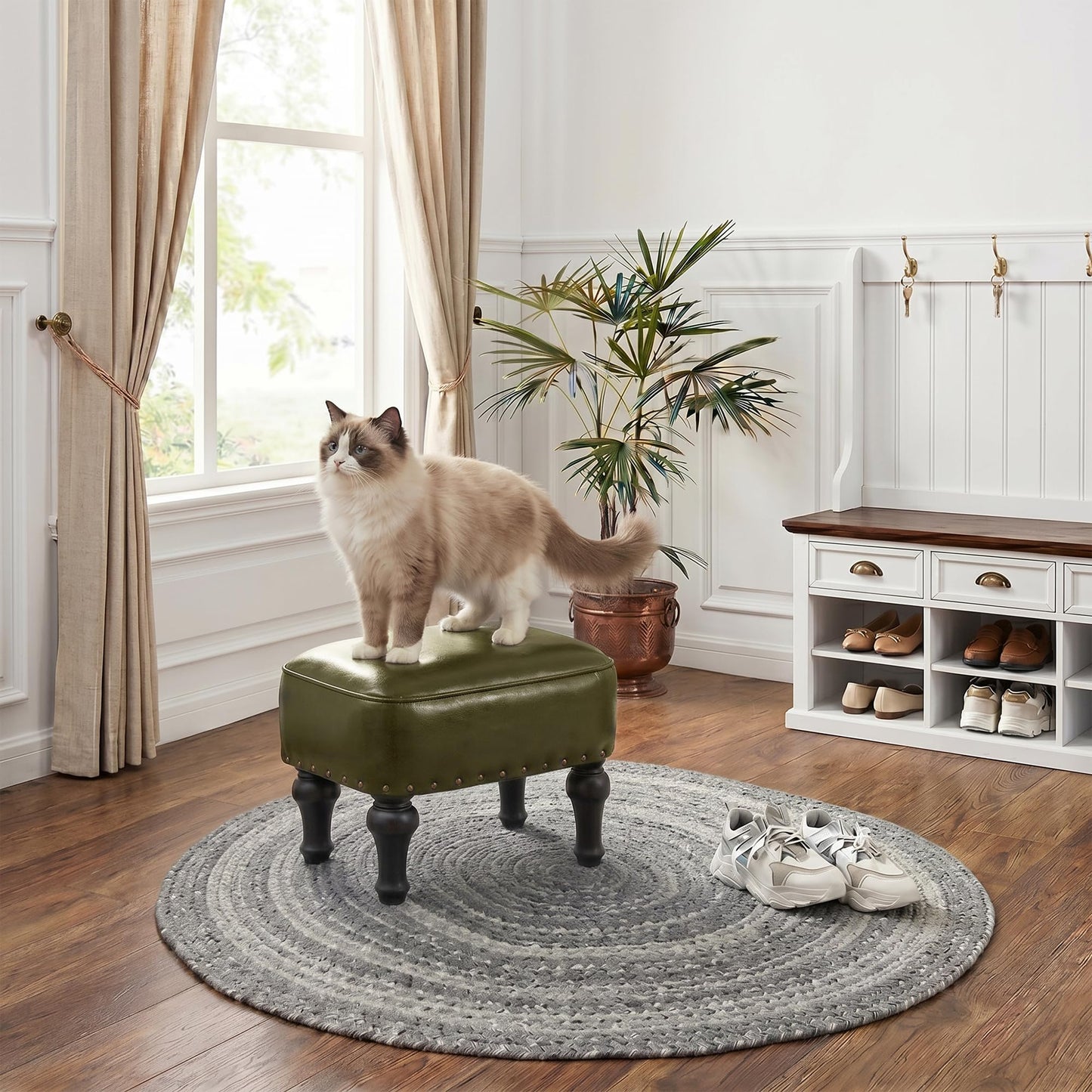 Cmishe Ottoman Leather Footrest, Vintage Footstool with Hidden Storage, Thickened Foam Upholstered Seat, Solid Beechwood Legs, Under Desk Shoe Bench Small Bench for Living Room Dining Room (Green)