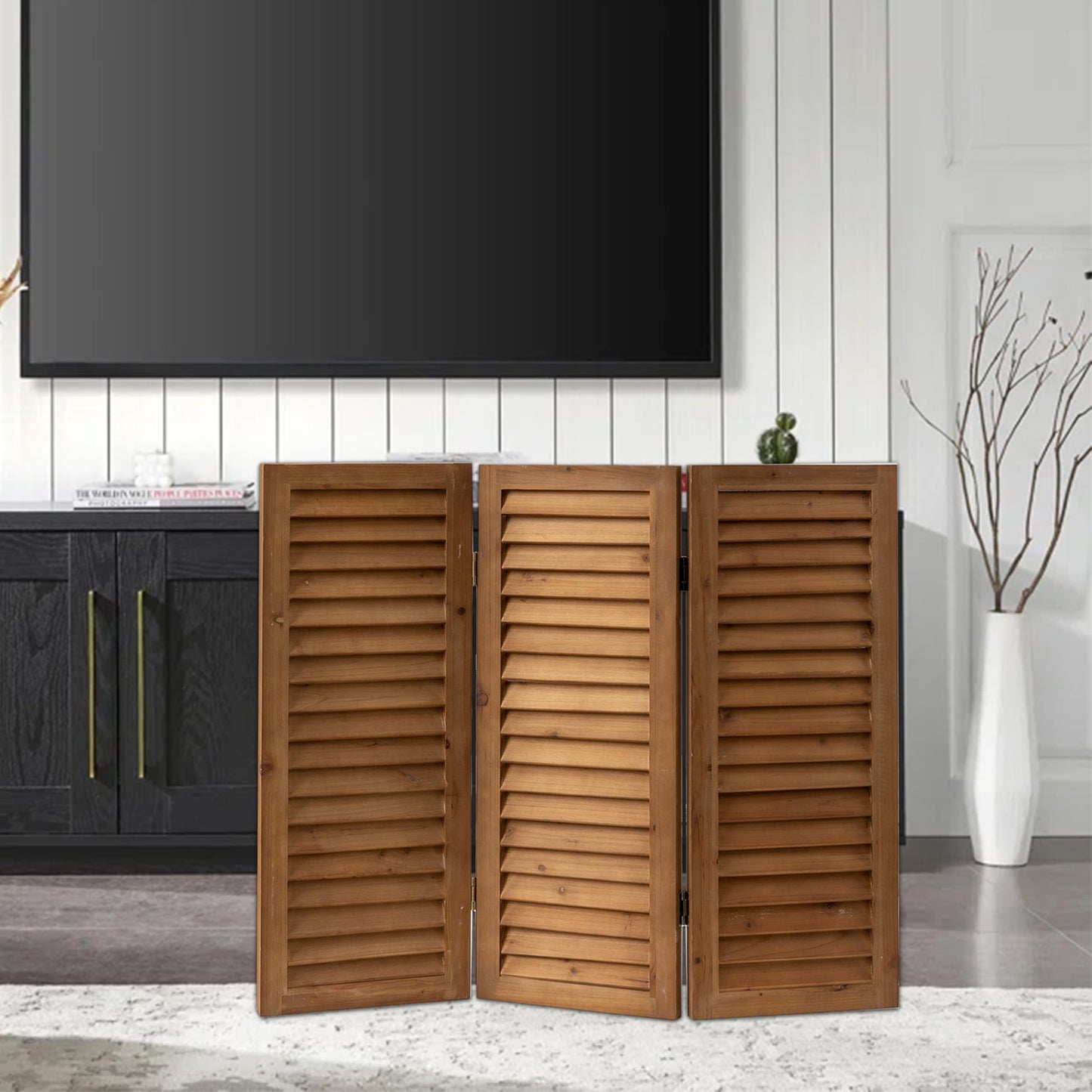 SOFE Wood Short Privacy Screen Indoor, 2.6 Ft Tall Shutters Folding Room Dividers 3 Panel, Brown Room Partitions and Dividers Freestanding, Farmhouse Foldable Wall for Home Bedroom Office