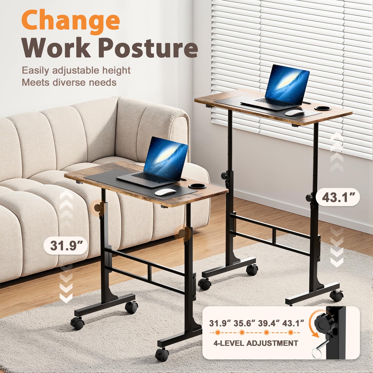 Shahoo Standing Desk Adjustable Height, Mobile Stand Up Desk with Wheels, 32 Inch Portable Rolling Desks, Computer Office Workstations for Office, Sofa, Bedroom, Rustic Brown