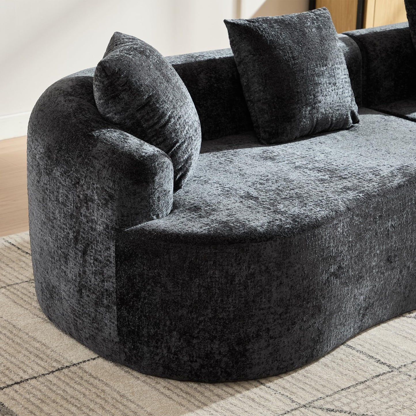 Sectional Sofa, Curved Cloud Sofa Couch, Chenille Full Sponge Chaise for Living Room, Apartment (Black, 110 Inch)