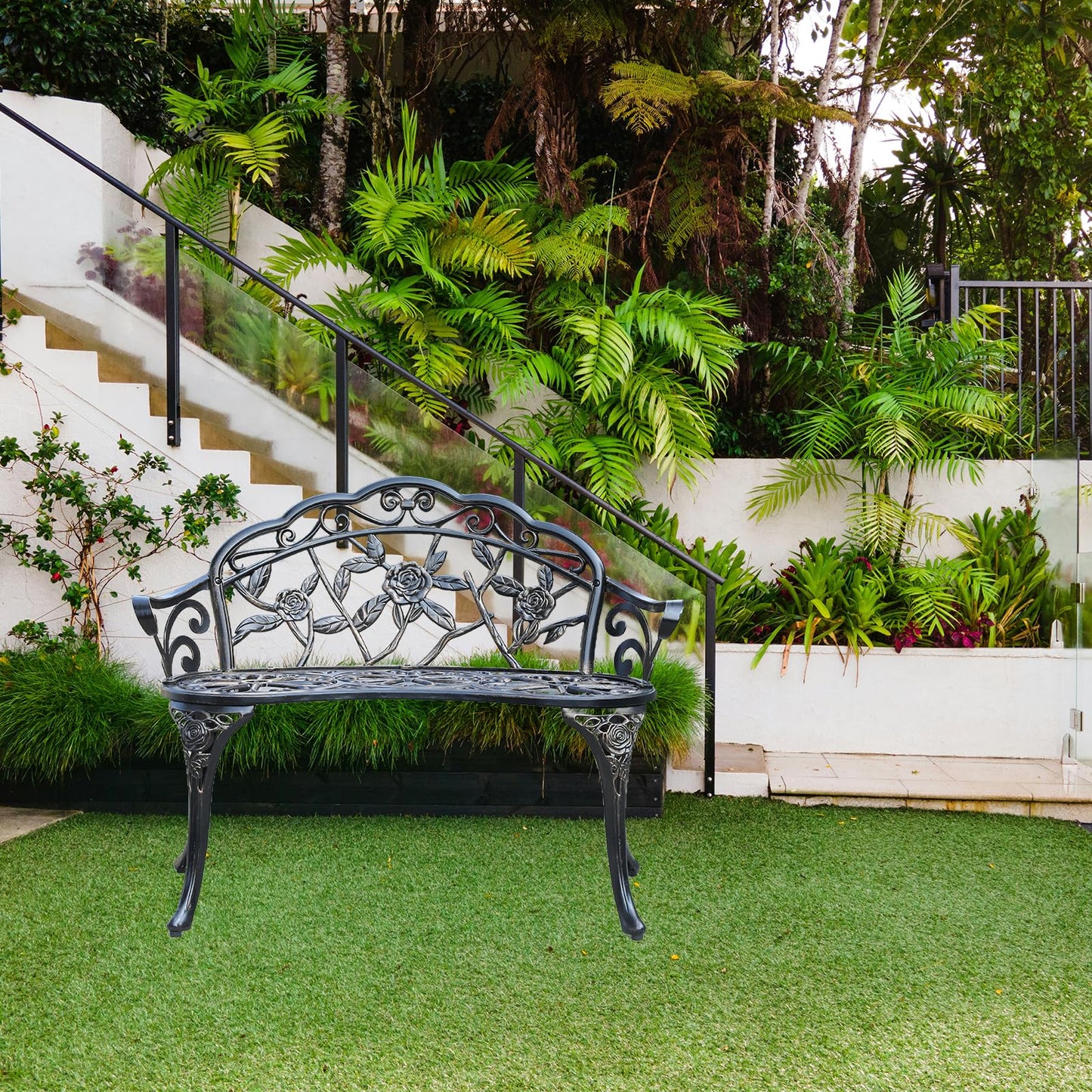 WILOUNGE Cast Aluminium Outdoor Bench, Rose Garden Bench for Patio,Park,Lawn,Yard (Bronze)