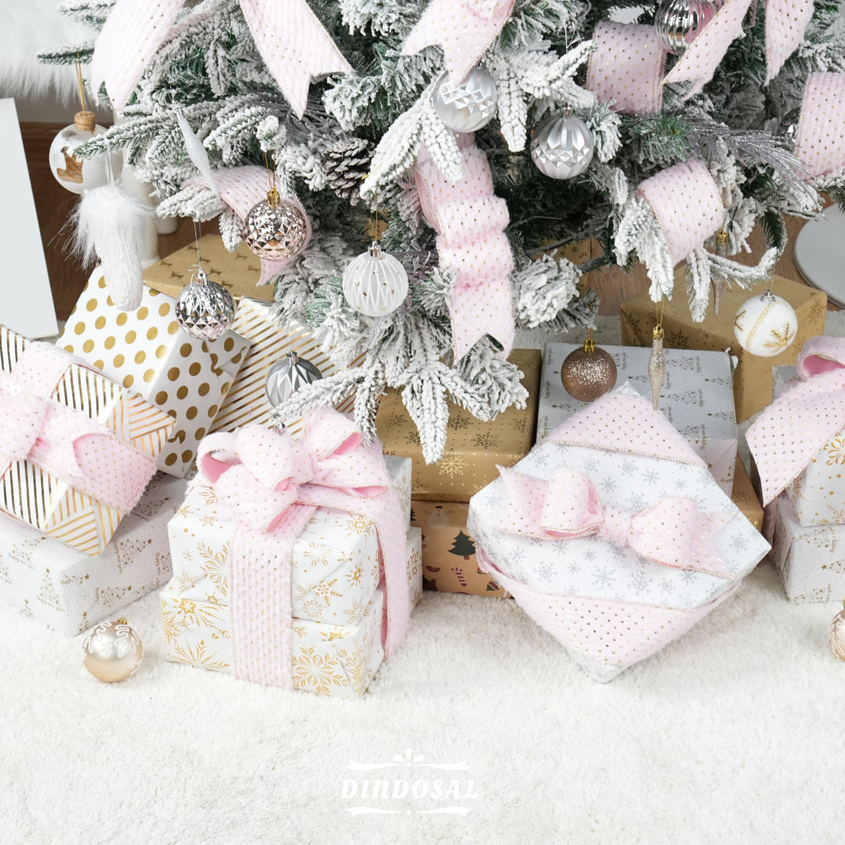 DINDOSAL Pink and Gold Christmas Ribbon 2.5" X 10 Yards Pink Faux Fur Wired Ribbon for Christmas Tree Decoration, Polka Dot Ribbon Wired for Bows, Wreaths, Garlands, Gift Wrapping, Home Decor