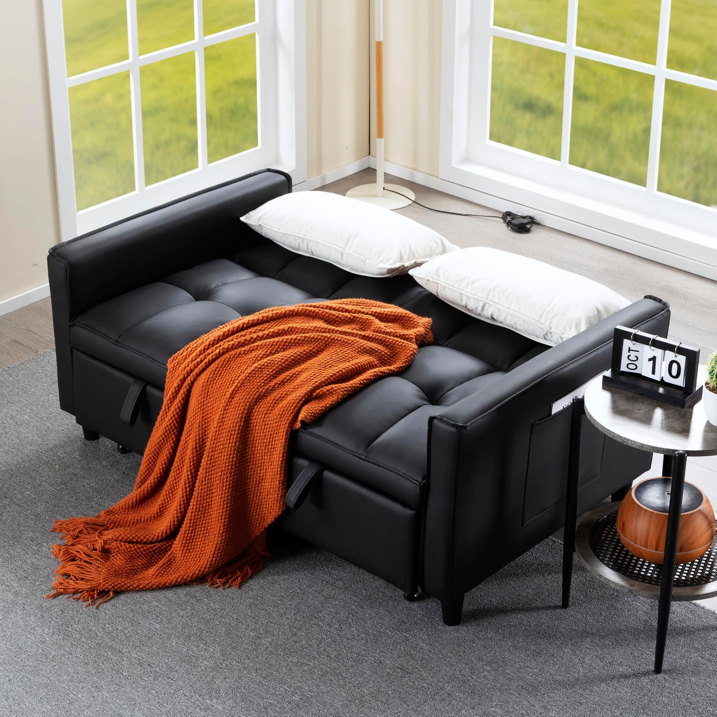 Trygoal 3 in 1 Convertible Sofa Bed, Loveseat Sleeper Sofa with Large Side Pockets, Pull Out Couch with Adjustable Backrest, Easy Assembly, PU Couch Bed for Small Spaces, Apartment, Black
