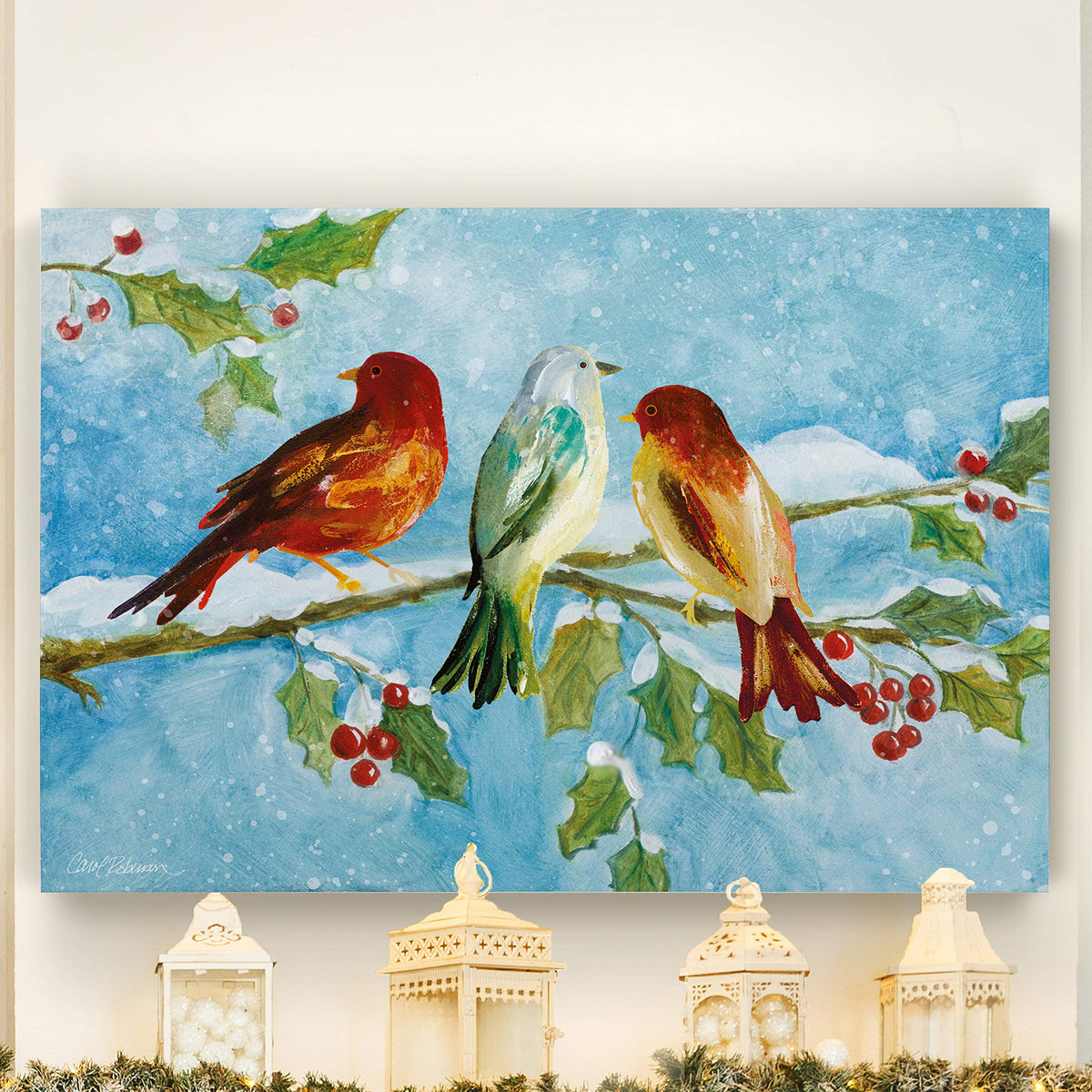 Renditions Gallery Animals Wall Art Paintings for Home Decor SnowBirds Sitting on Holly Tree Abstract Art Wall Hanging Prints for Bedroom Dining Living Room Office Home Kitchen Decor - 32"X48" LT18