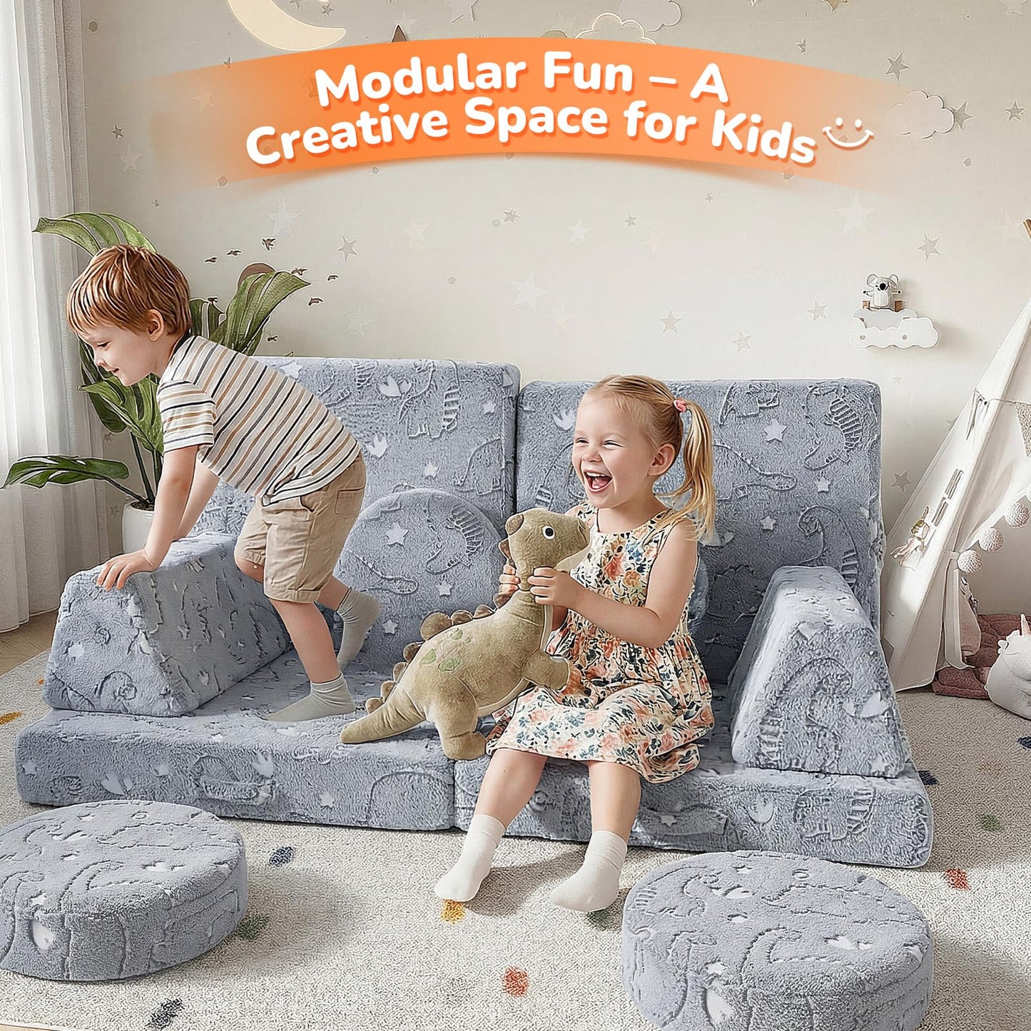 MeMoreCool Kids Couch, Glow in the Dark Dinosaur Foam Play Couch, Ages 3+