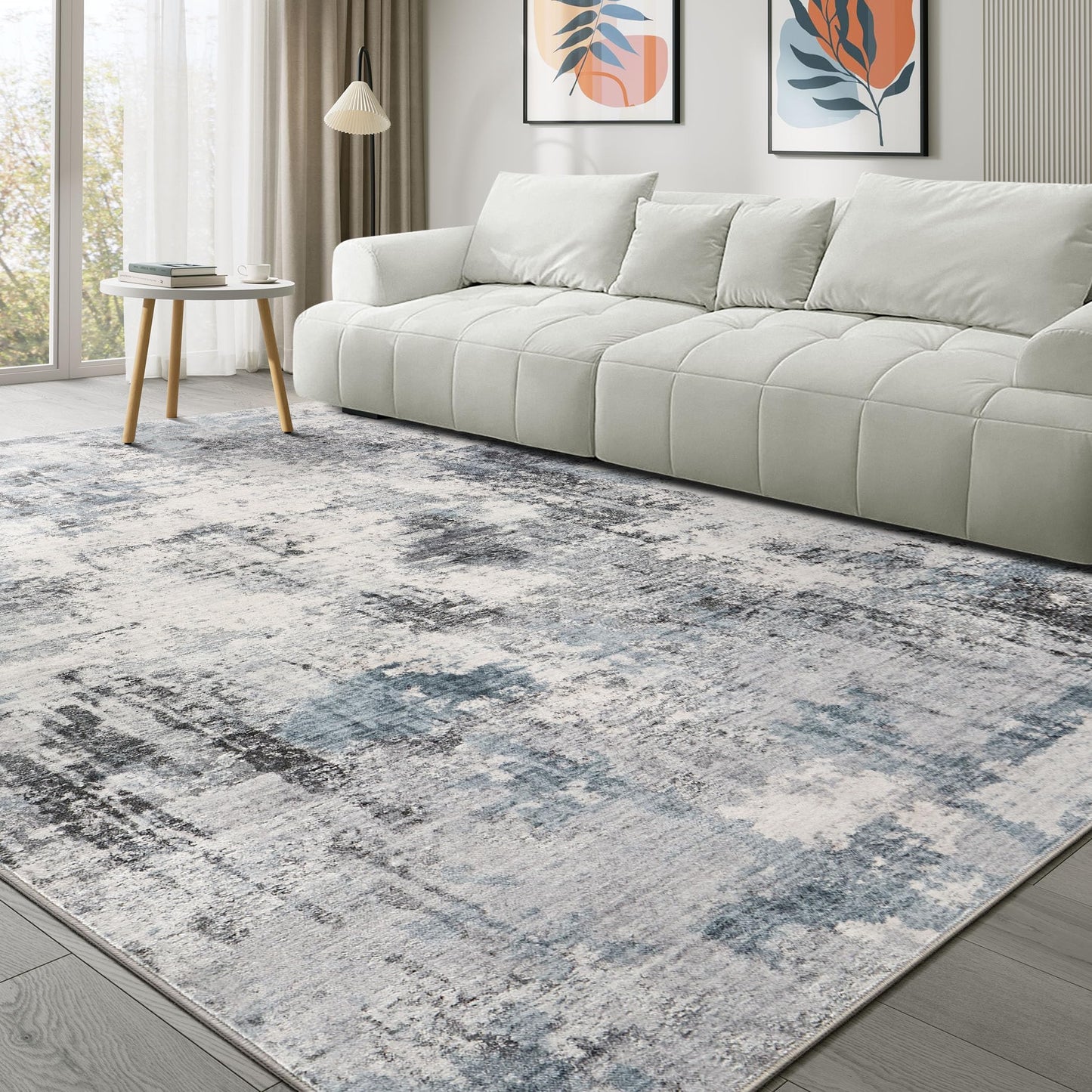 TARANCH Abstract 12x18 Area Rug: Machine Washable Non Slip Ultra Thin Low-Pile Carpet, Soft Stain Resistant for Living Room Bedroom Office, Kid Pet Friendly, Robot Vacuum Compatible - Grey Blue