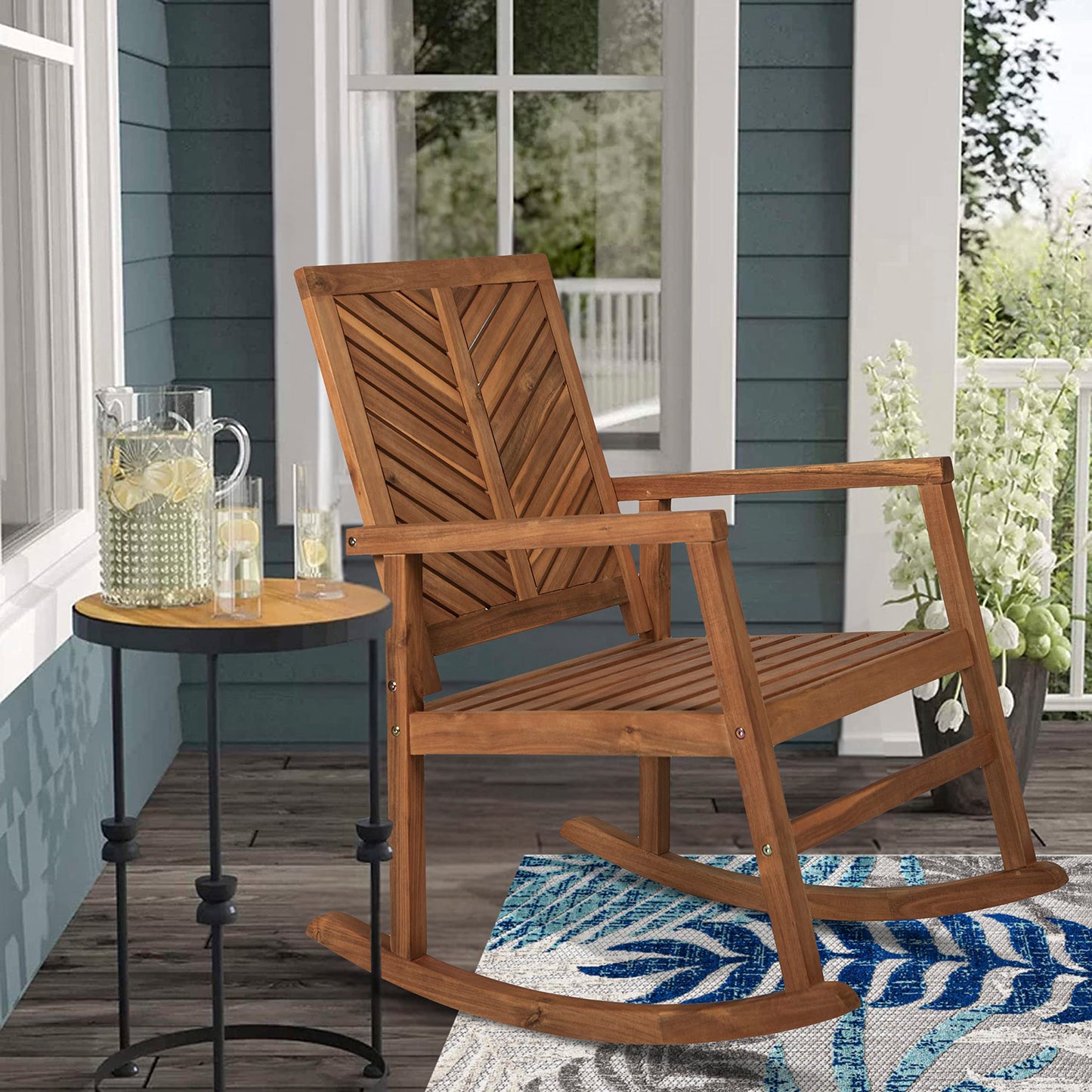 JONATHAN Y Ned Solid Acacia Wood Outdoor Rocking Chair, All-Weather Chevron High Back Porch Rocker for Patio, Deck and Garden, Farmhouse Teak Finish Wood Armchair, 35" Height RCK100A