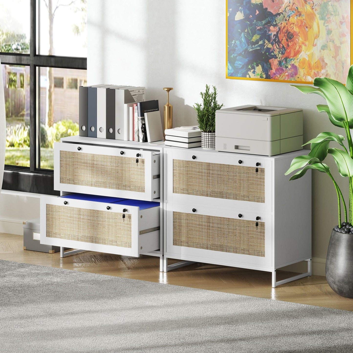 Vinsetto 2 Rattan Drawer File Cabinet with Lock, Lateral Filing Cabinet with Adjustable Hanging Bar for Letter, A4 and Legal Size Files, Printer Stand for Home Office, White
