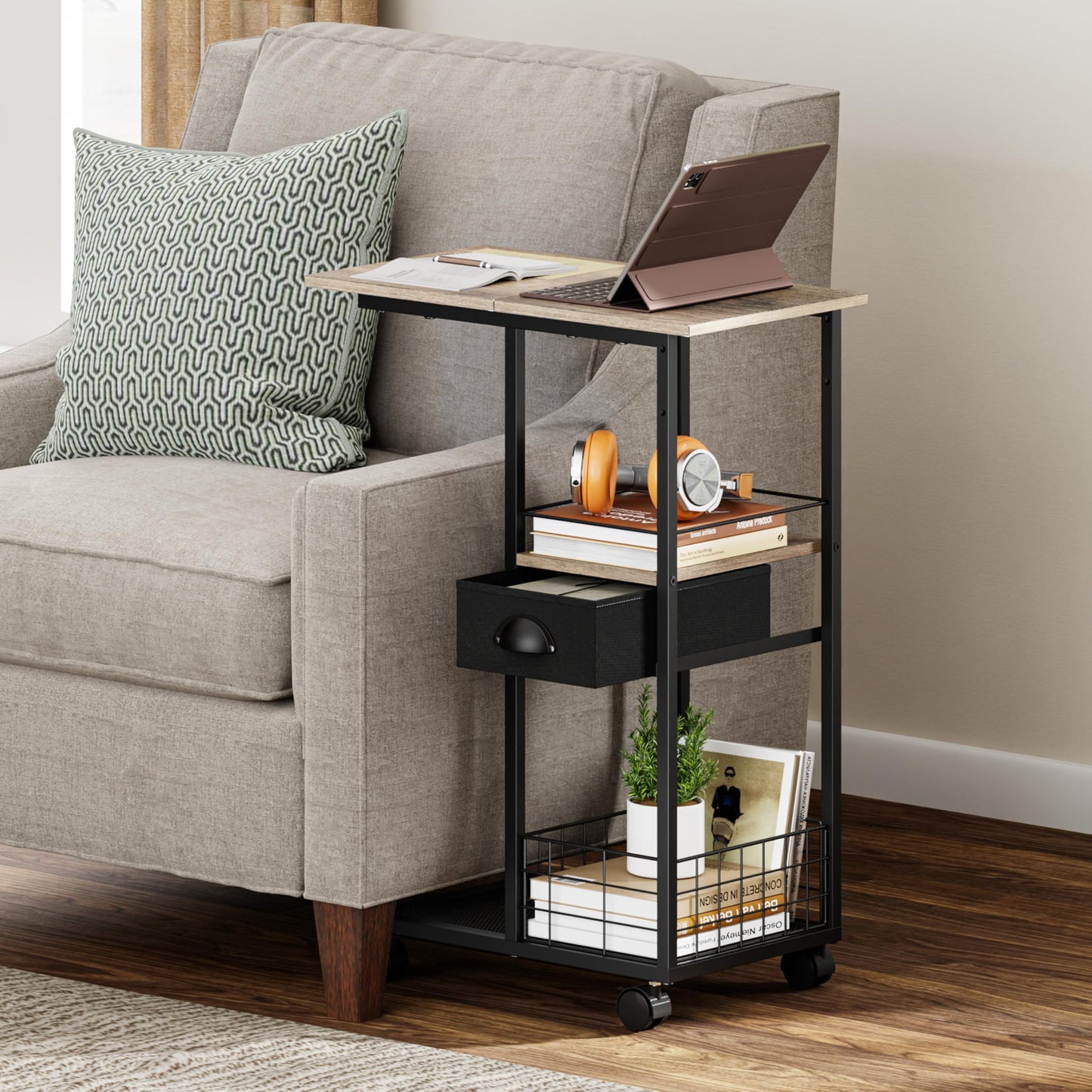 Rolling C Shaped Side Table with Storage Drawer, Ivory Portable Desk on Wheels, Bedside Table for Sofa Couch & Bed, Small Overbed Laptop Desk, Mobile Coffee End Table for Bedroom Living Room Dorm