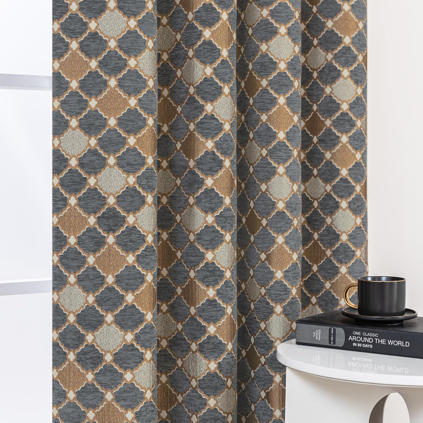 Loom and Mill Elegant Chenille Window Curtain Panels for Bedroom Living Room, Chic Checkered Pattern Jacquard Curtains 84 inches Long with Lining and Matching Tiebacks, Rod Pocket(2 Panels, 52x84)