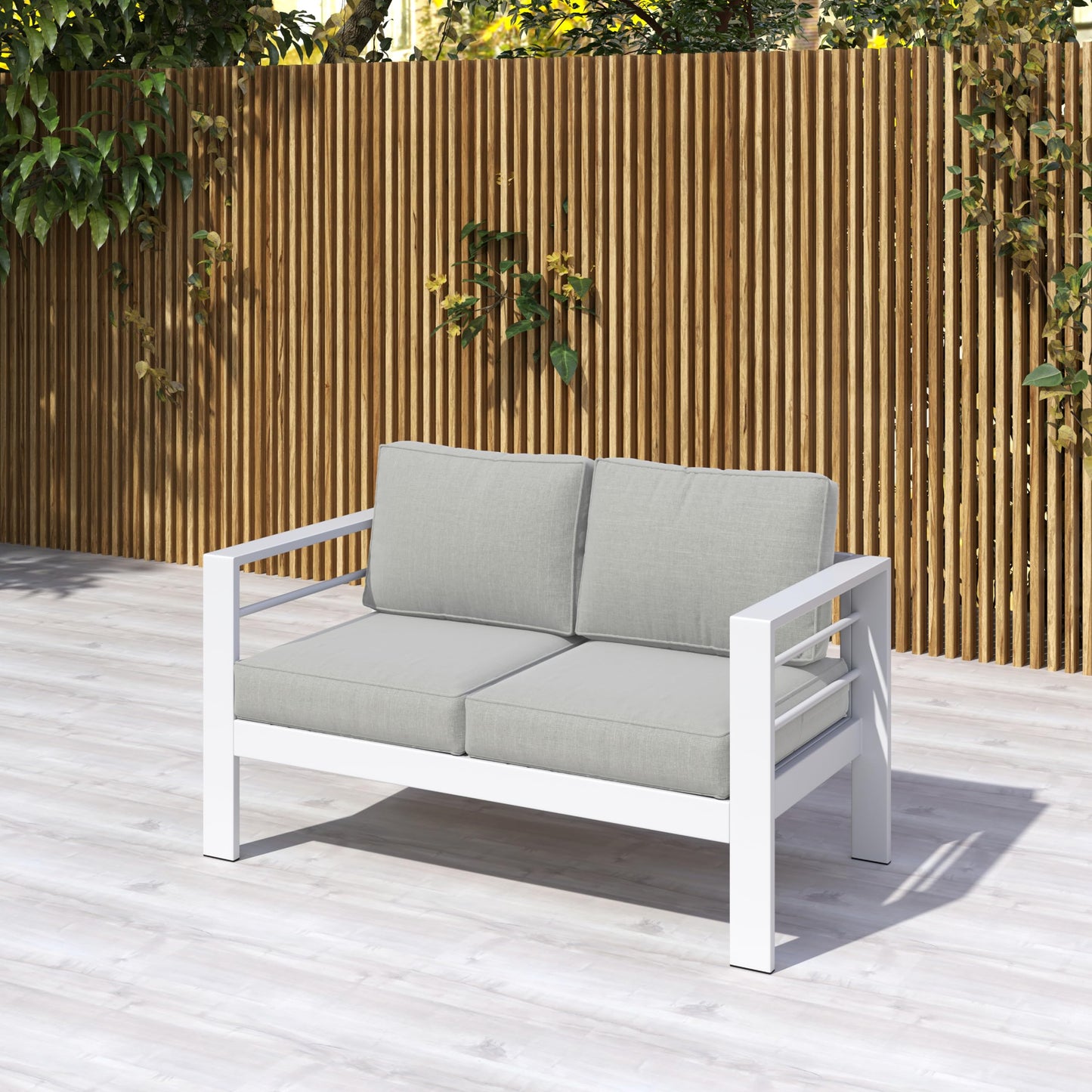 Kiss the Water Loveseat Aluminum Outdoor Patio Sofa Set, All Weather Rust-Proof Metal Patio Couch, Modern Outdoor Furniture for Backyard Porch Garden, 5" Thick Waterproof Olefin Cushions, Light Grey