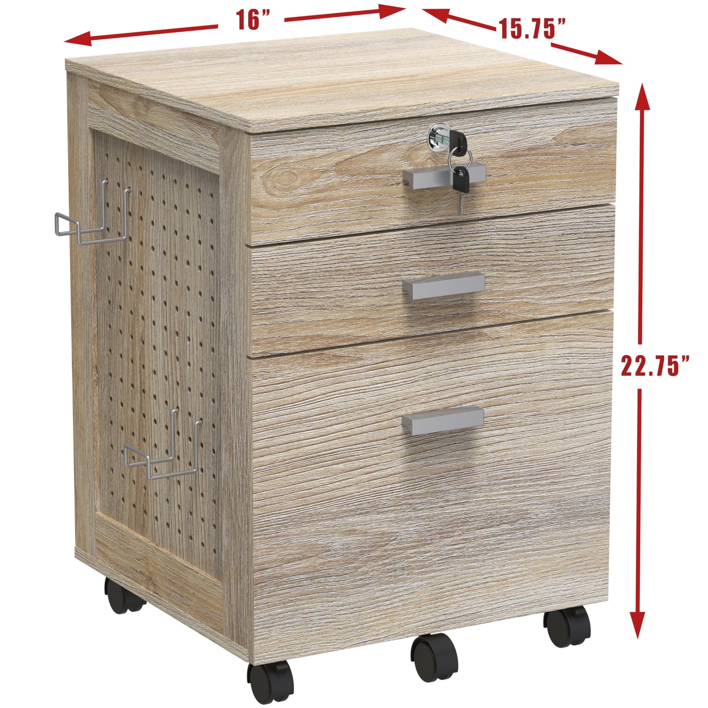 SHW Box Box File Rolling Mobile Cabinet with Side Pegboard and One Lockable Drawer, Maple
