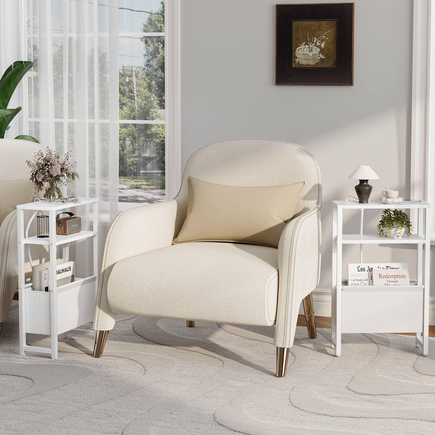 IRCPEN Narrow Side Table with Charging Station Slim End Table Sofa with Magazine Rack, Bedside Table for Small Spaces, 3 Tier Nightstand for Living Room Couch, Bedroom White LET503WE