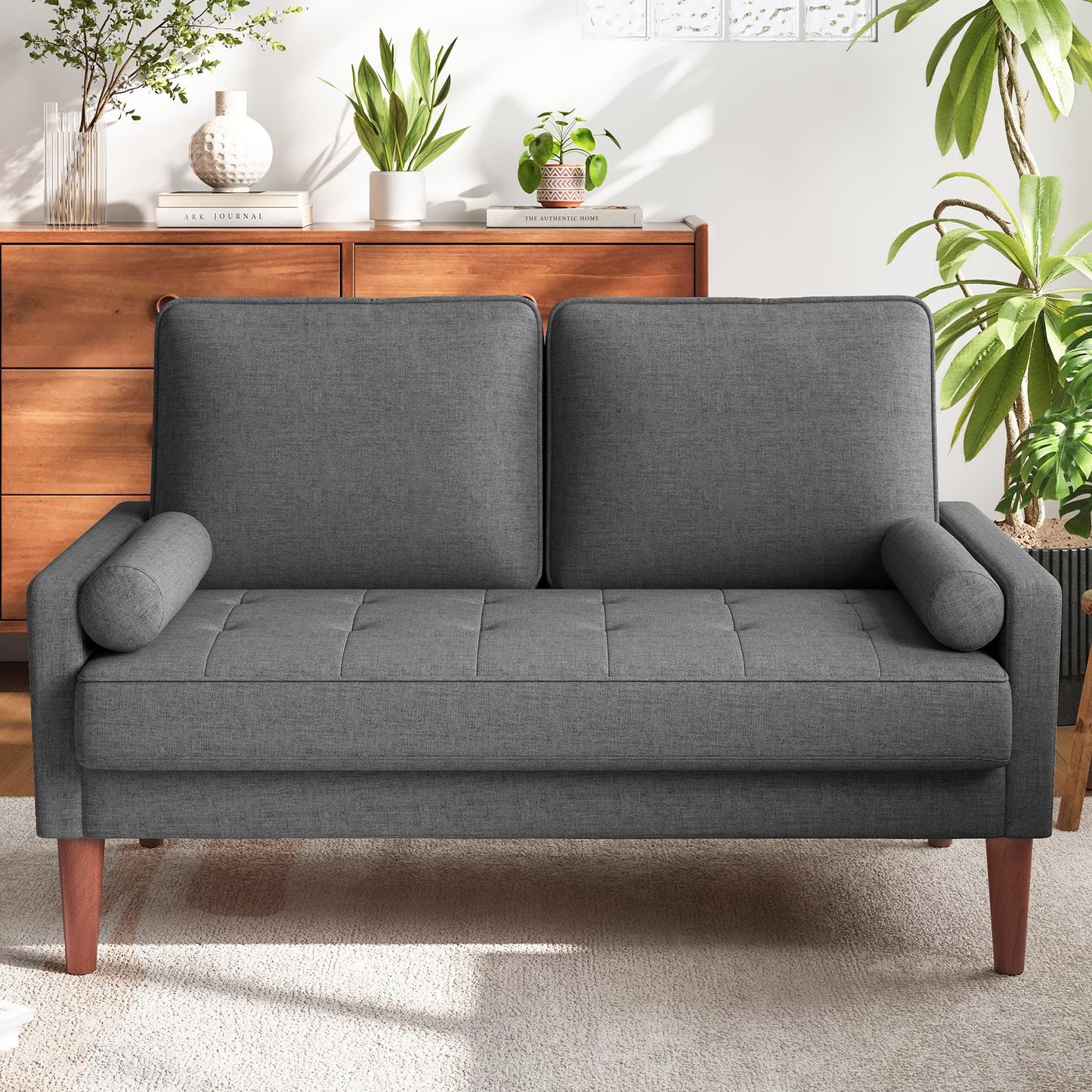Vesgantti Loveseat Sofa with Solid Wood Legs, 48" Small Couches for Small Spaces, Love Seat for Living Room, Bedroom, Easy Assembly Mid Century Modern Couch with Throw Pillow for Apartment, Grey