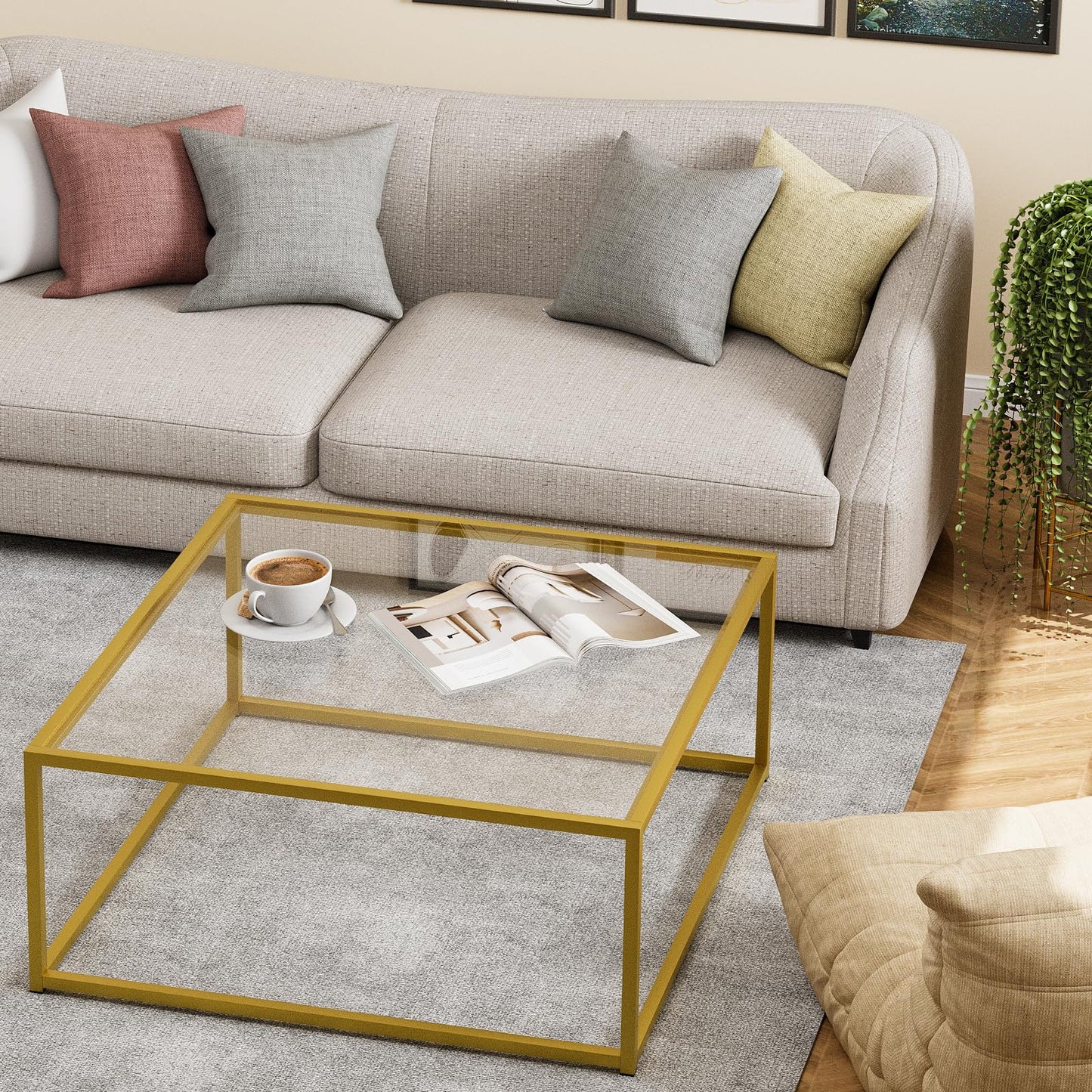 Glass Coffee Table, Small Square Coffee Table for Living Room,Simple Modern Center Tables for Small Spaces, Gold Living Room Tea Tables Easy Assembly,26 * 26in(Gold & Clear Glass)