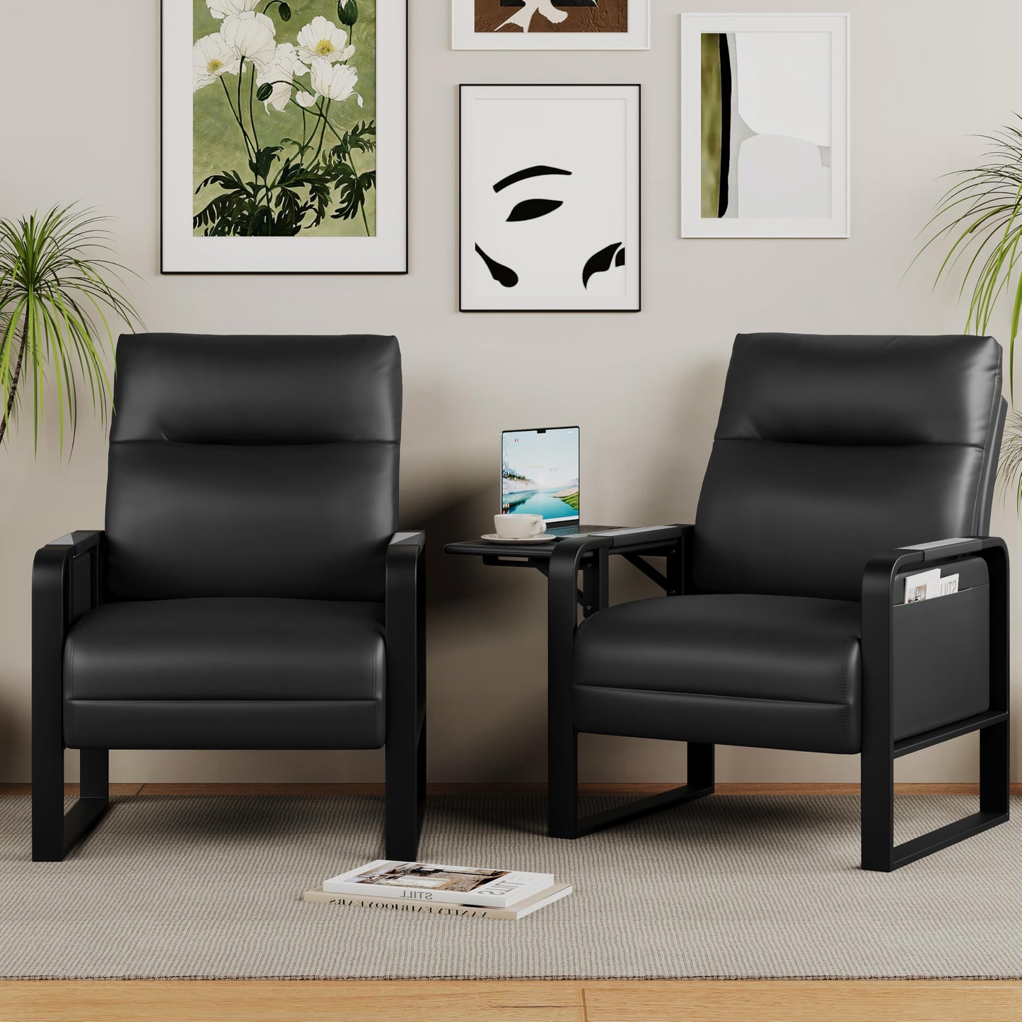 Alunaune Upholstered Living Room Chair Armchair, Mid Century Faux Leather Metal Accent Chair, Reception Couch Slipper Club Lounge Chair Guest Comfy Single Sofa with Sidetable for Bedroom-Black