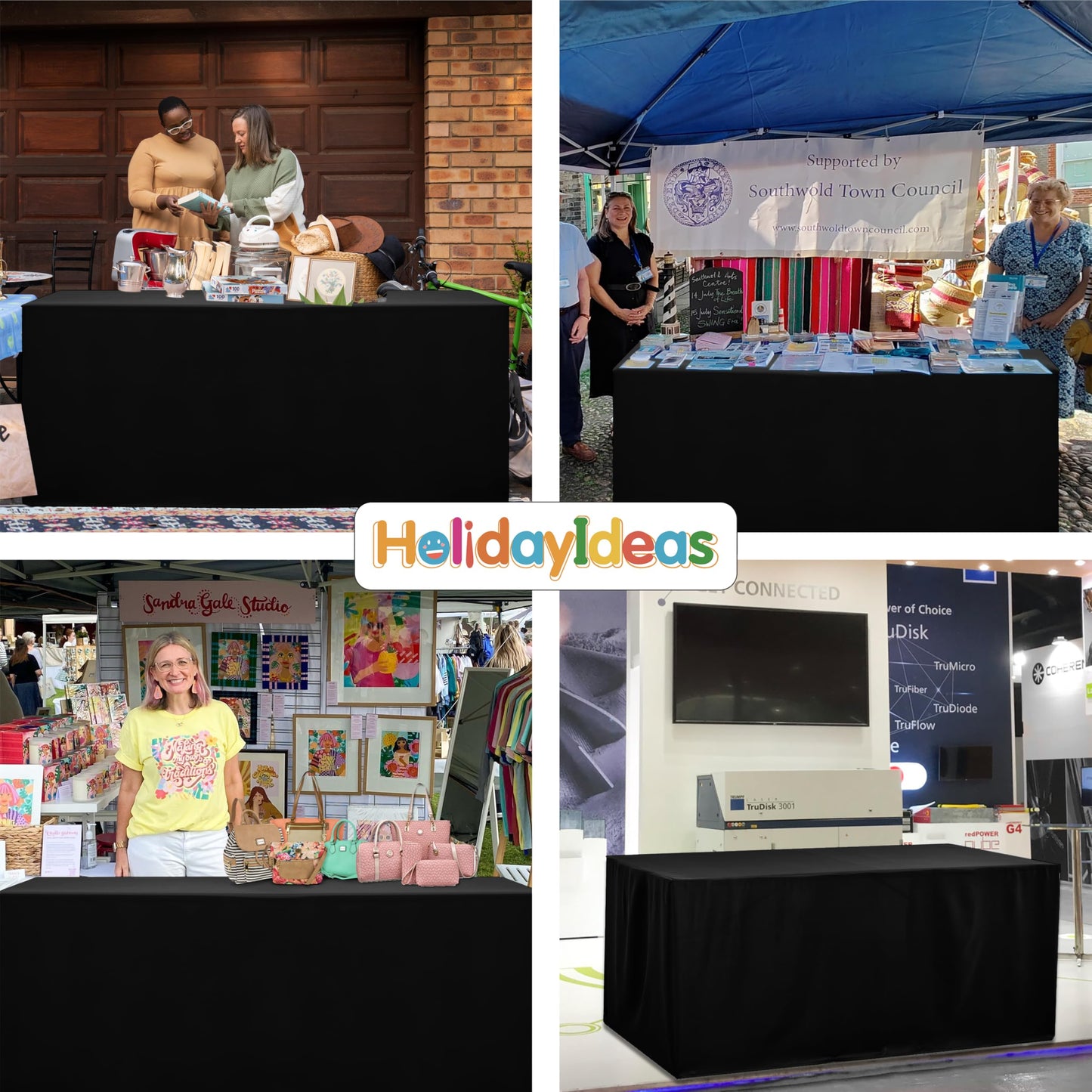 HolidayIdeas 4-Pack Open Back Table Cloths for 6 Foot Tables, Water Repellent Fitted Black Table Covers, 3-Sided Oxford Polyester Tablecloth for Vendor Booth, Craft Fairs, Registration Desk