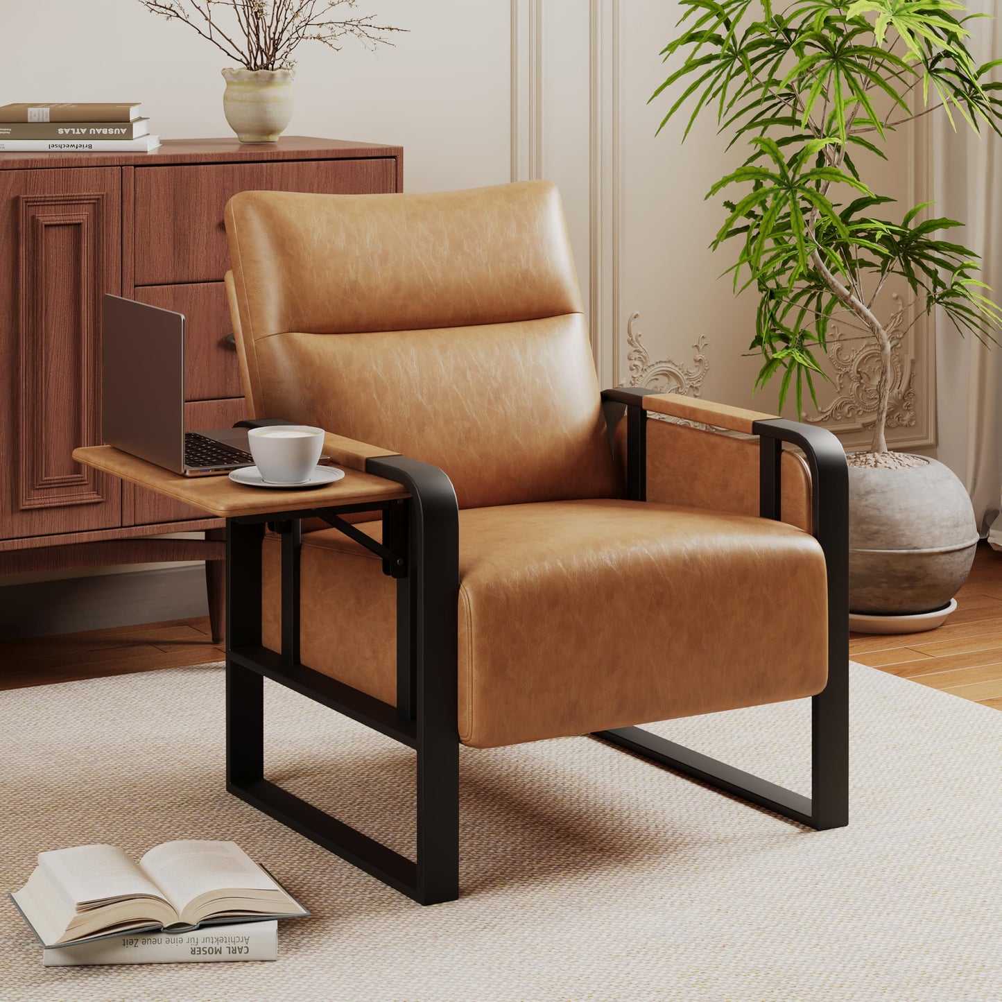 Upholstered Living Room Chair Armchair, Mid Century Faux Leather Metal Accent Chair, Reception Couch Office Guest Chair Slipper Club Lounge Single Sofa with Sidetable for Bedroom-Light Brown