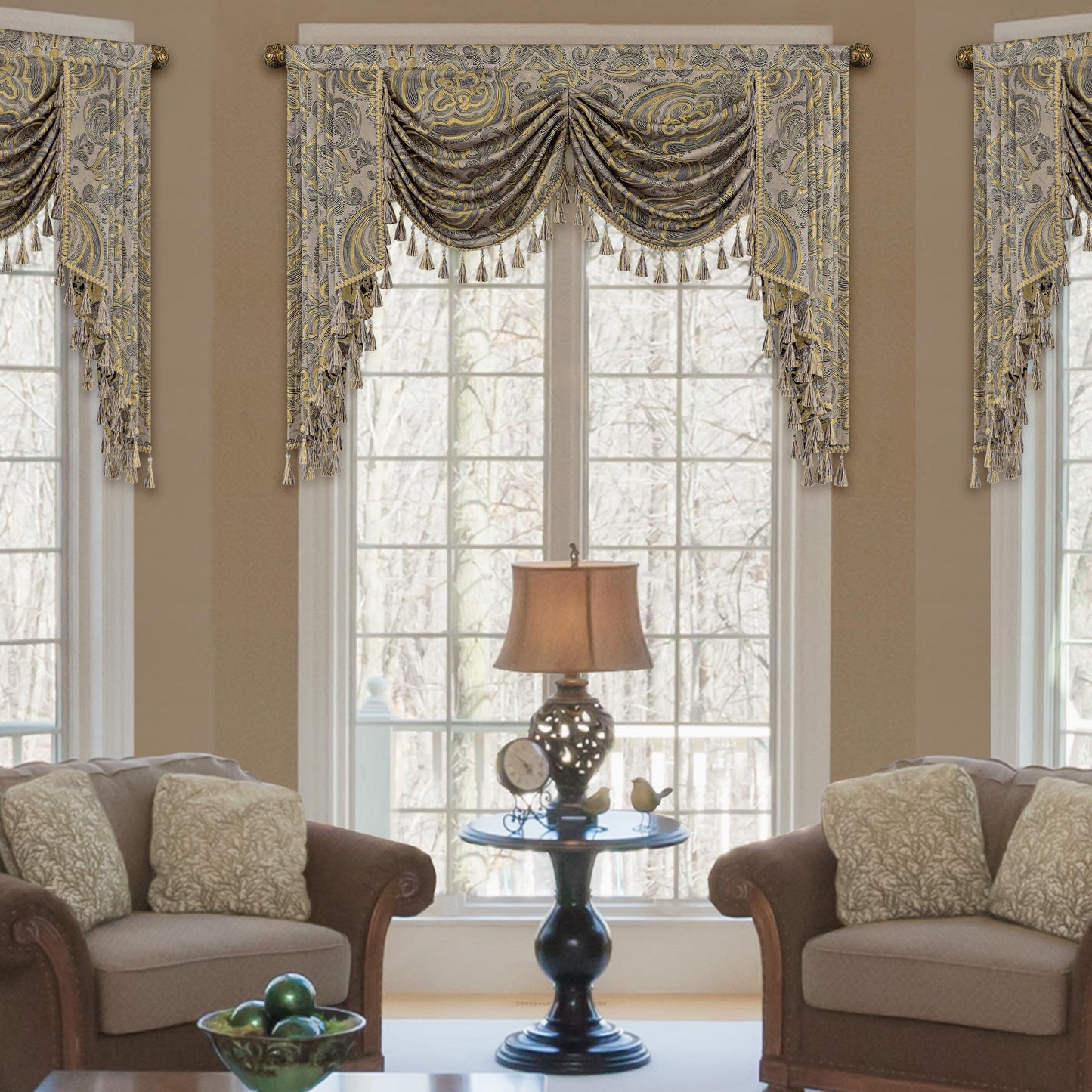 Loom and Mill European Antique Waterfall Valance for Living Room, Luxury Jacquard Damask Swag Valances with Tassels, Taupe Gold Swag Curtains for Bedroom Window Holiday Decor(W59 Inch,1 Panel)