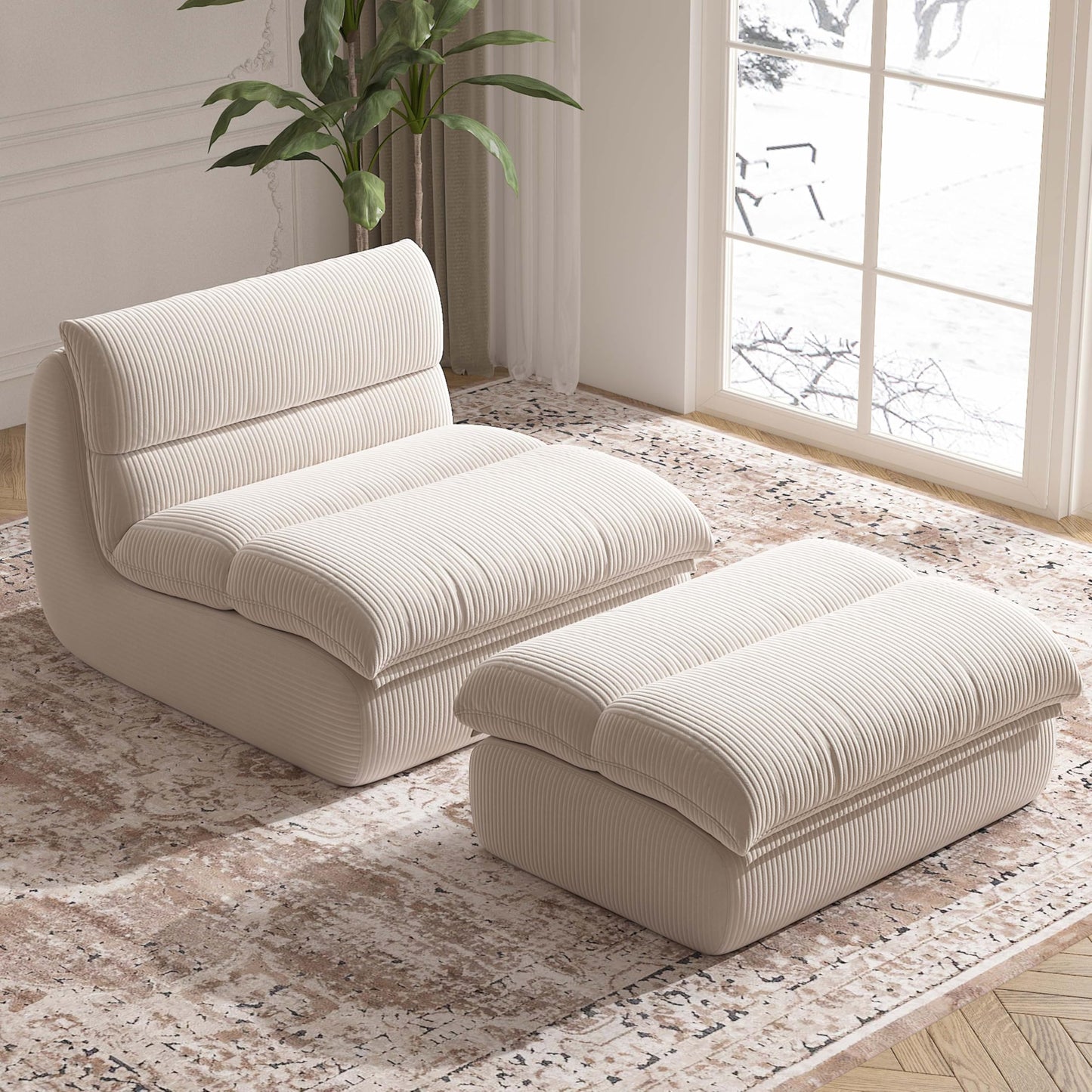 YVDNHP Bean Bag Chair with Ottoman, Cozy Comfy Reading Nook Chairs, Ultra Soft Corduroy Fabric Bean Bag Chairs for Adults, Reading Chair with Ottoman for Living Room, Bedroom Apartment (Beige)