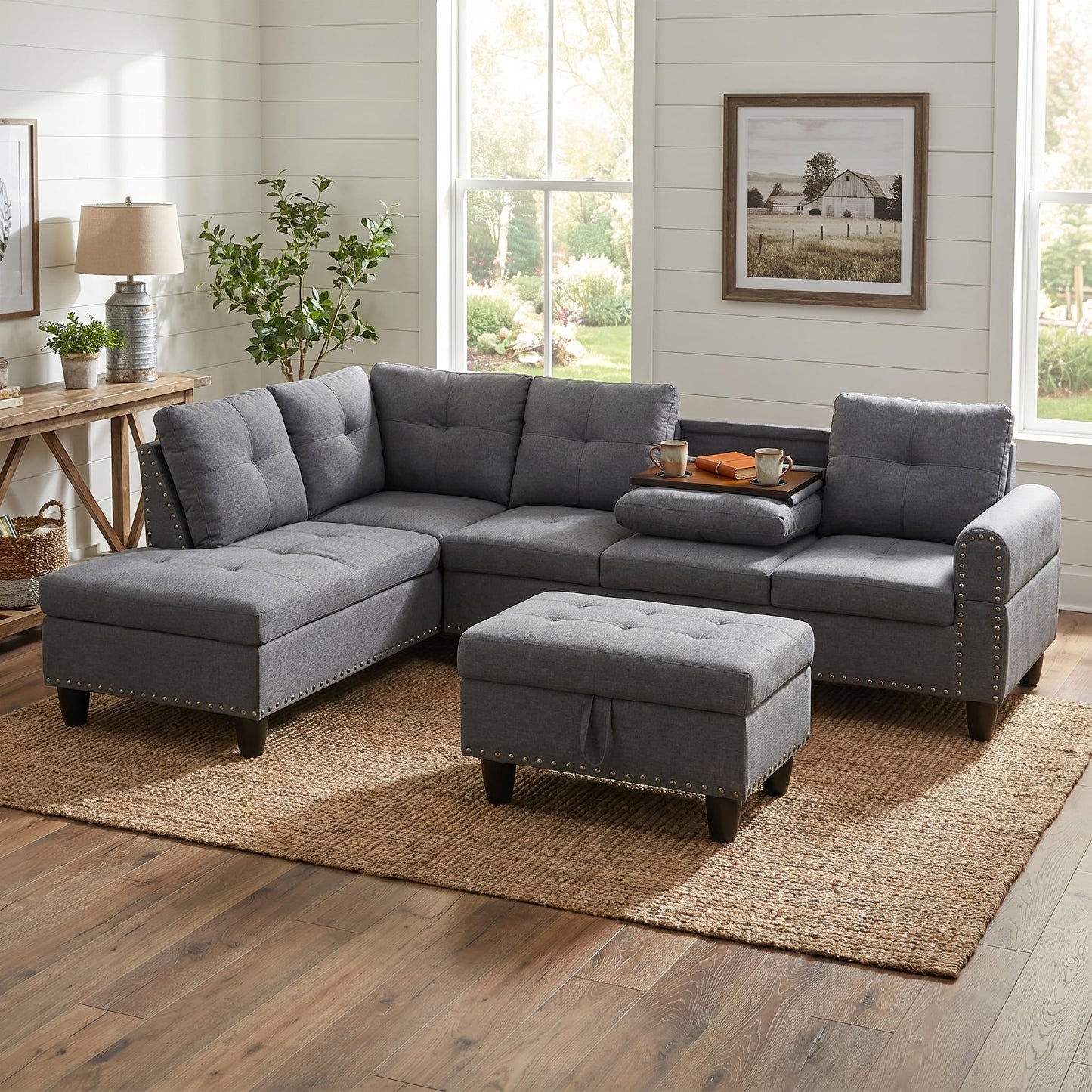 Trygoal 3-Piece L-Shaped Modular Leather Sofa – Convertible Sectional Couch with Movable Chaise & Storage Ottoman, Multi-Scene Use for Living Room, Apartment & Office, Charcoal Gray