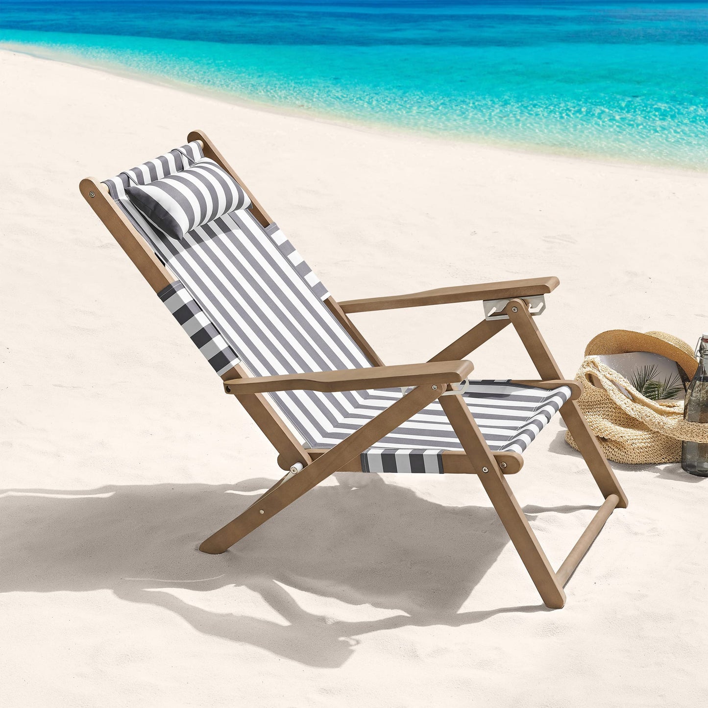Lavish Home Beach Chair - Outdoor Weather-Resistant Wood Folding Chair with Backpack Straps - 4-Position Reclining Seat - Beach Essentials (Gray)