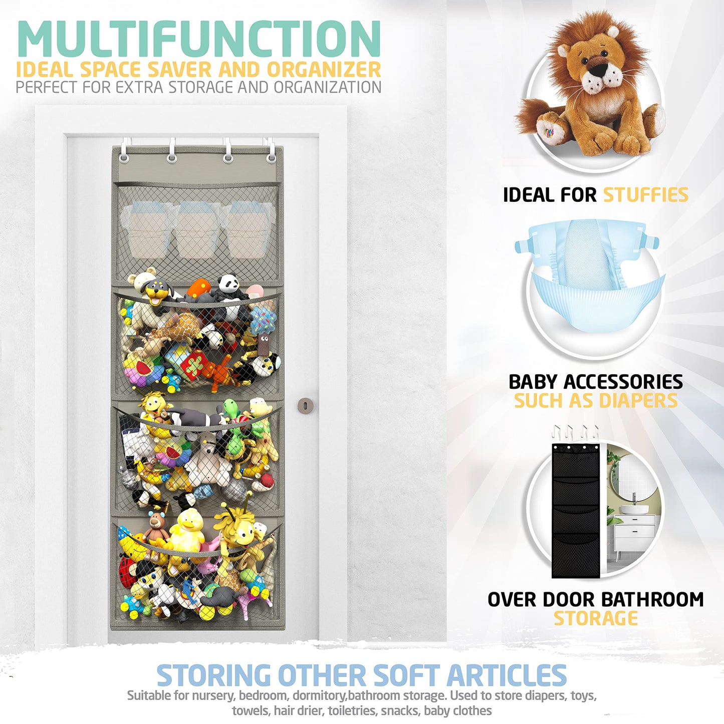 Honeyera Storage for Stuffed Animal - Over Door Organizer for Stuffies, Baby Accessories, and Toy Plush/Easy Installation with Breathable Hanging Pockets (Gray)