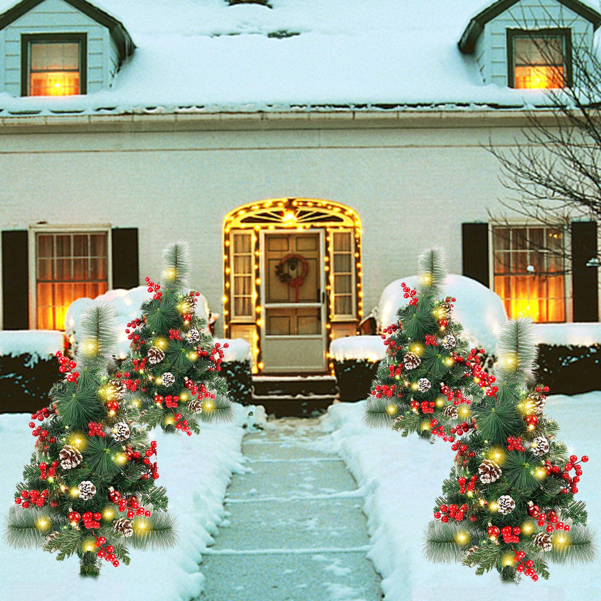 FORUP Set of 2 30 Inch Pre-Lit Pathway Christmas Trees Urn Filler, Outdoor Christmas Tree Decorations for Porch, Driveway, Yard, Garden, with 60 LED Lights, Red Berries, Pine Cones, Red Ball Ornaments