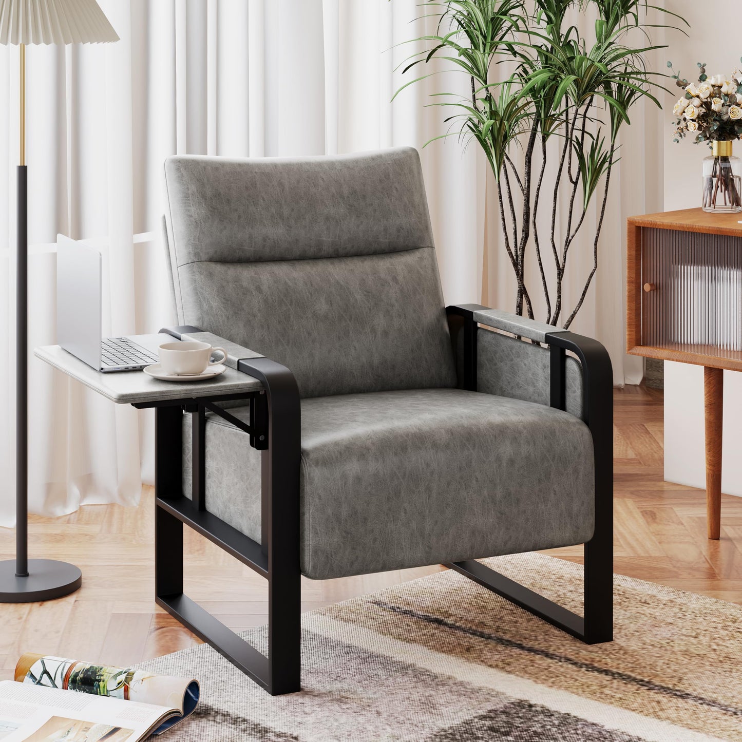 Alunaune Upholstered Living Room Chair Armchair, Mid Century Faux Leather Metal Accent Chair, Reception Couch Office Guest Chair Slipper Club Lounge Single Sofa with Sidetable for Bedroom-Grey