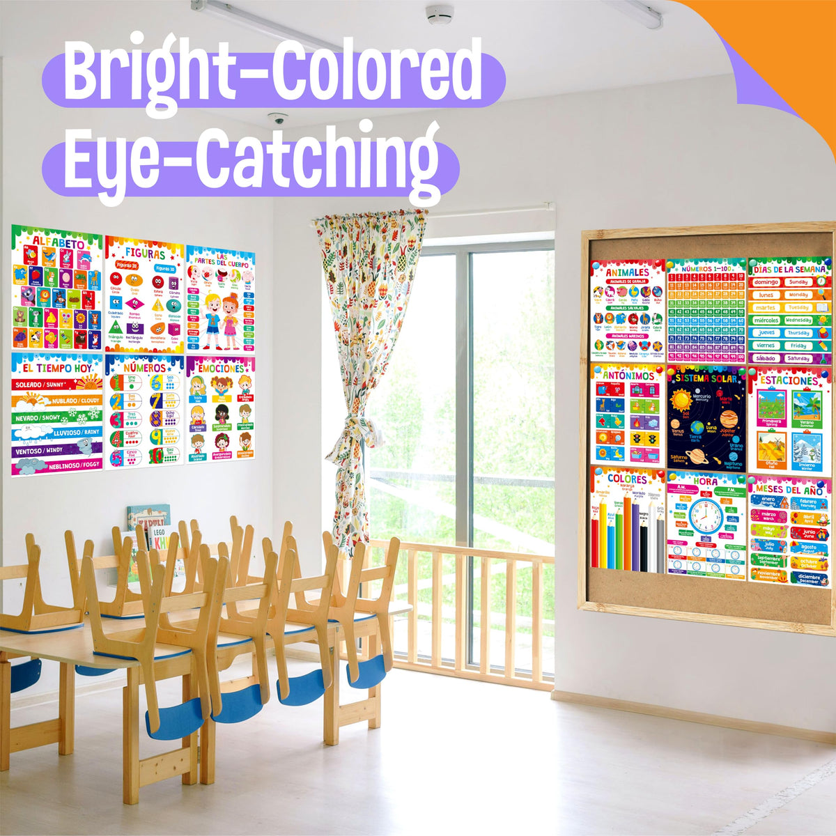 15 Packs Spanish & English Educational Posters, Thick Elementary Bilingual Poster Waterproof & Tearproof with PET Film, Early Language Learning Tool Educational Posters for Kindergarten Preschool